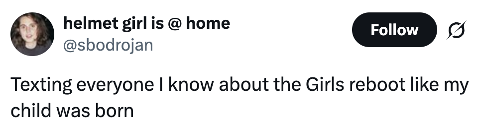 Tweet by user expressing excitement about "Girls" reboot, comparing it to a new child's birth
