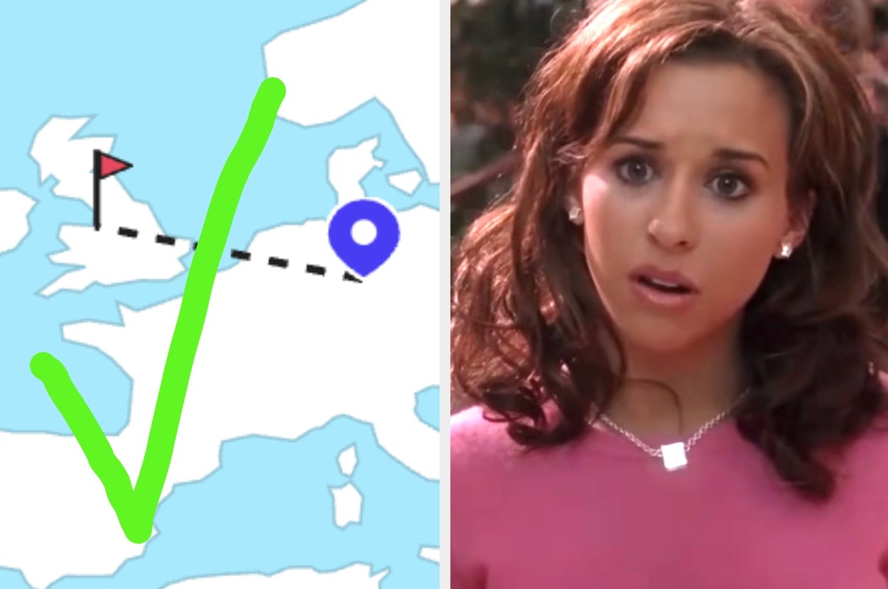 Split image: map with a check mark, and surprised person. Map shows location marker and flag. Person wears casual outfit. Game-related context