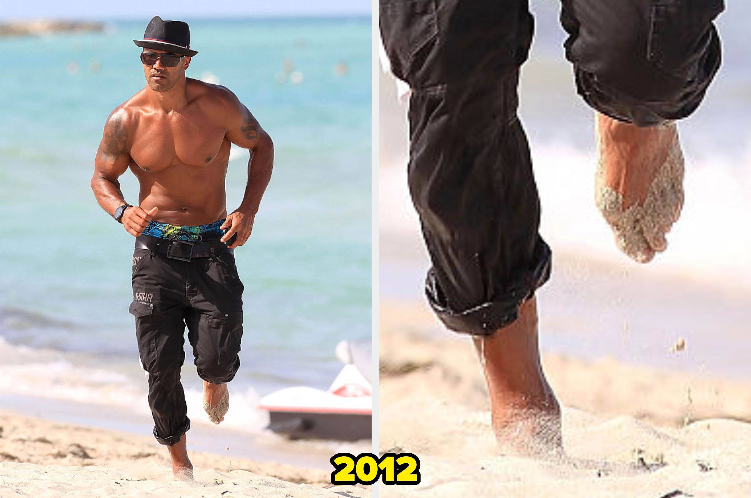 Man jogging connected  a beach, shirtless with achromatic  pants and fedora. Close-up shows feet successful  sand. Image labeled 2012