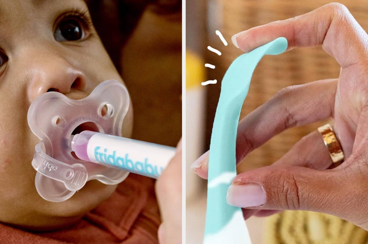 Baby uses pacifier medicine dispenser; person holds flexible silicone strip