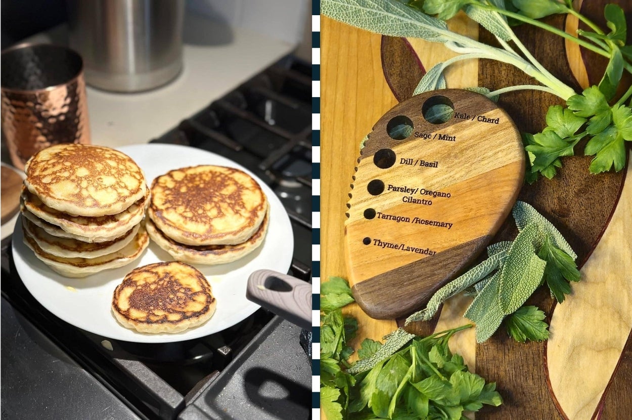 Stack of pancakes on a white plate next to a wooden herb chopping board with names of spices and fresh herbs on the side