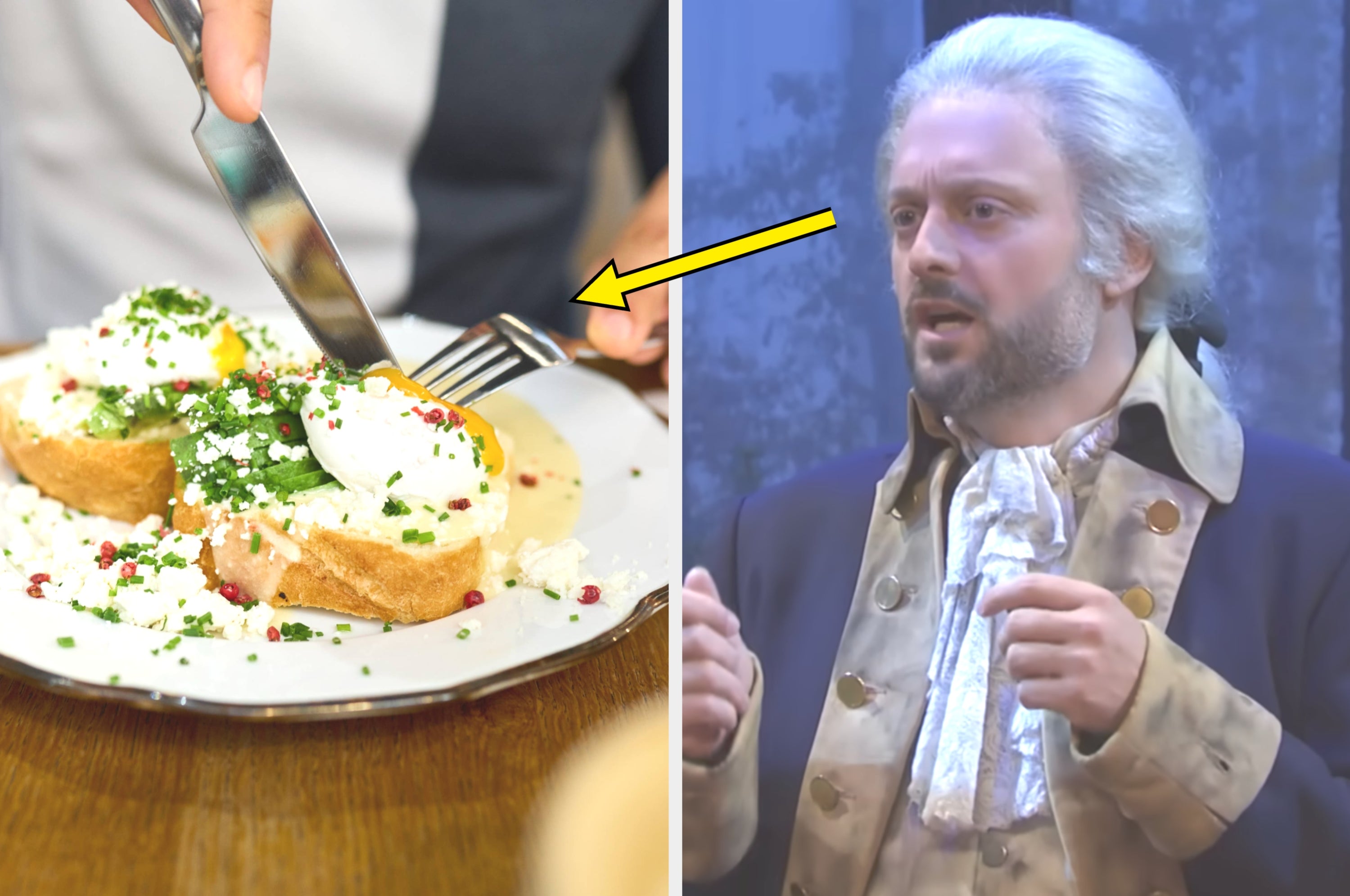Left: Person cutting eggs Benedict on toast; Right: Man in 18th-century costume, appearing to speak on stage