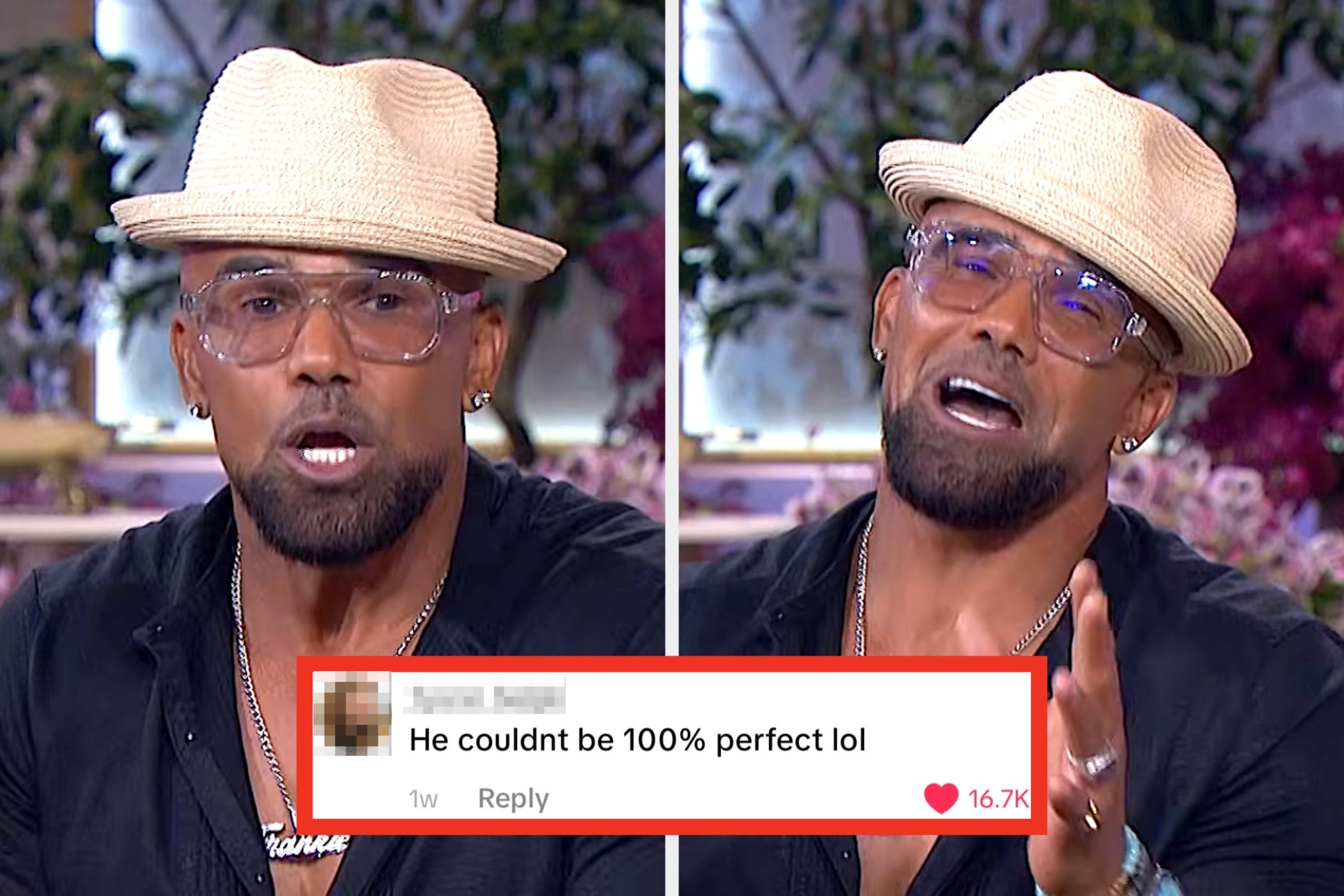 Person wearing a straw hat and glasses, speaking passionately in a split image. Includes a humorous social media comment with many likes