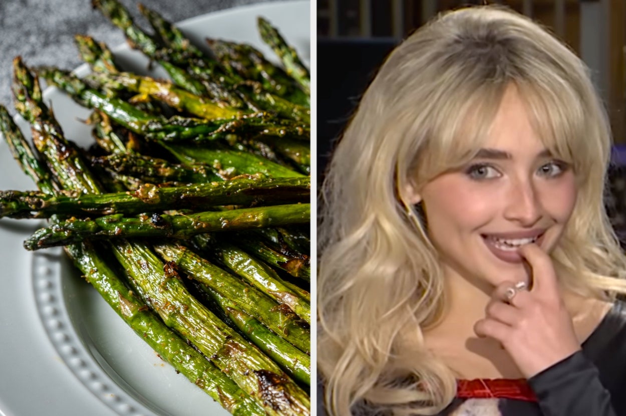 Grilled asparagus on a plate next to someone smiling with wavy hair, wearing a stylish dress