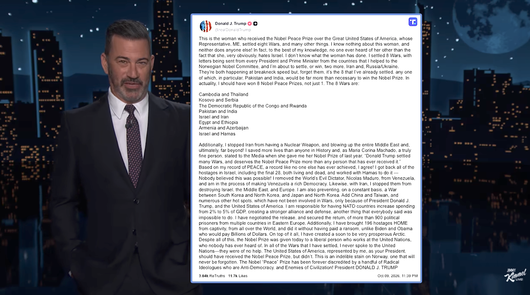 Talk show host stands beside a large social media post displaying text about the Nobel Peace Prize with various countries and historical references mentioned