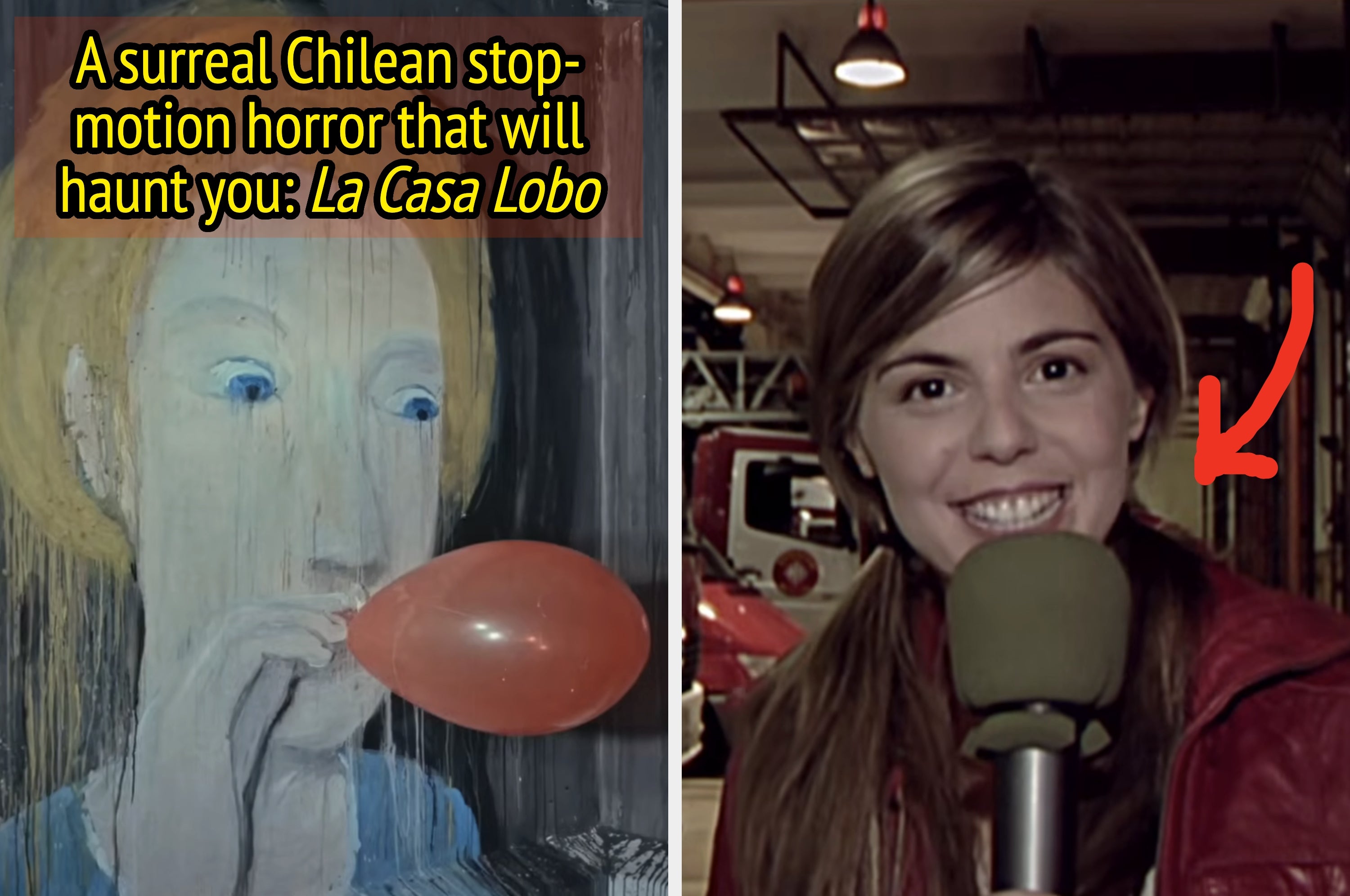 Split image: Left shows a painting of a person blowing a red balloon; right shows a smiling woman holding a microphone in a studio setting