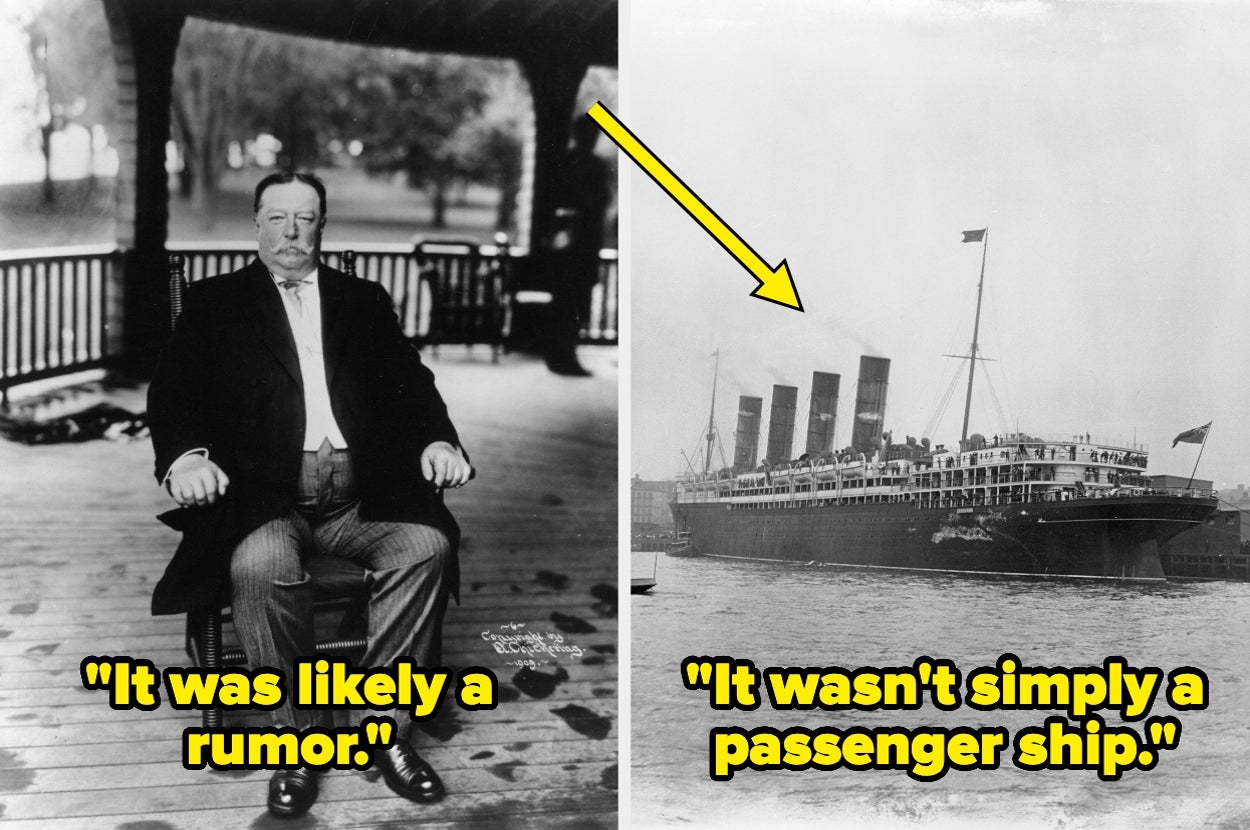 Historical split image: Left shows a suited man on a porch, captioned "It was likely a rumor." Right shows a large ship, captioned "It wasn't simply a passenger ship."
