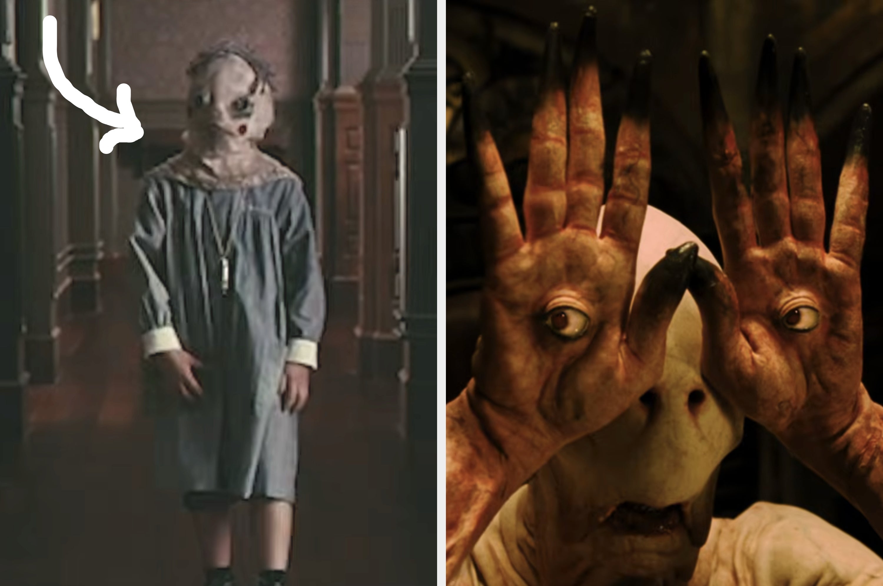 A character with eyes on the palms of their hands holds them up to their face, a scene from a fantasy or horror movie