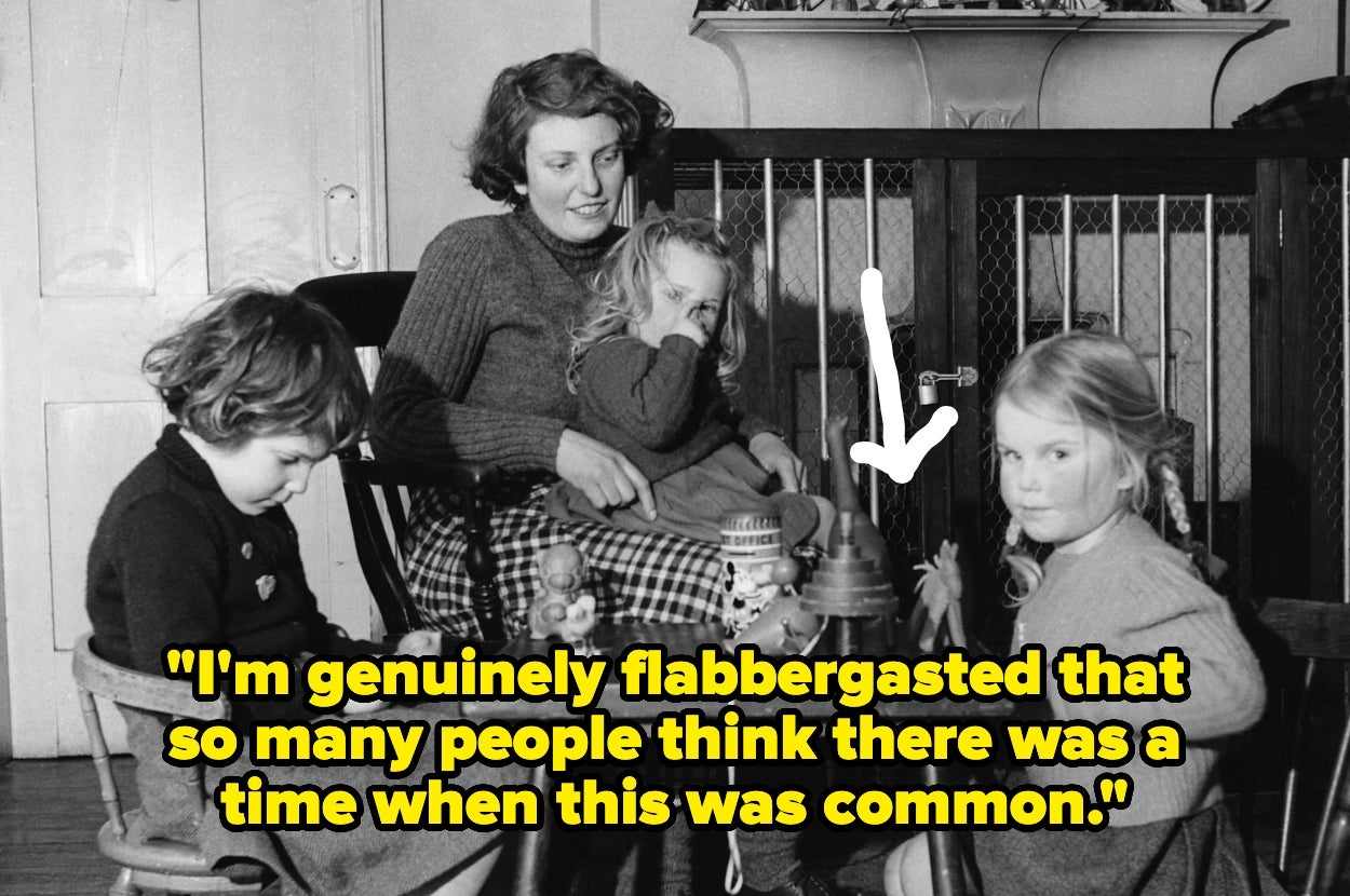 A vintage black-and-white photo shows a family with an old-fashioned robot toy. Text on the image expresses surprise at people thinking it was common