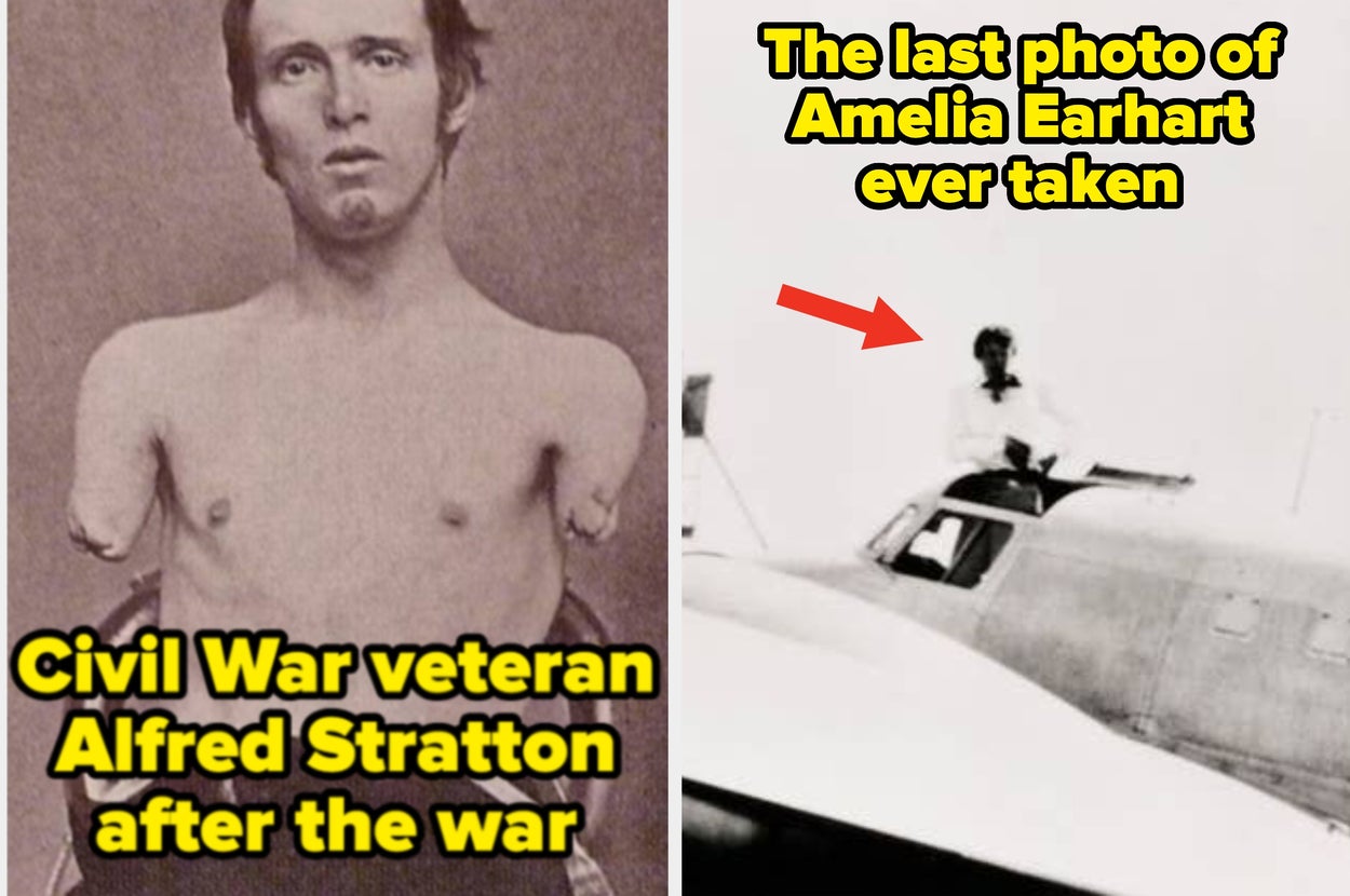 Two images: Left - Man with no arms. Right - Person on an airplane, labeled as Amelia Earhart’s last photo