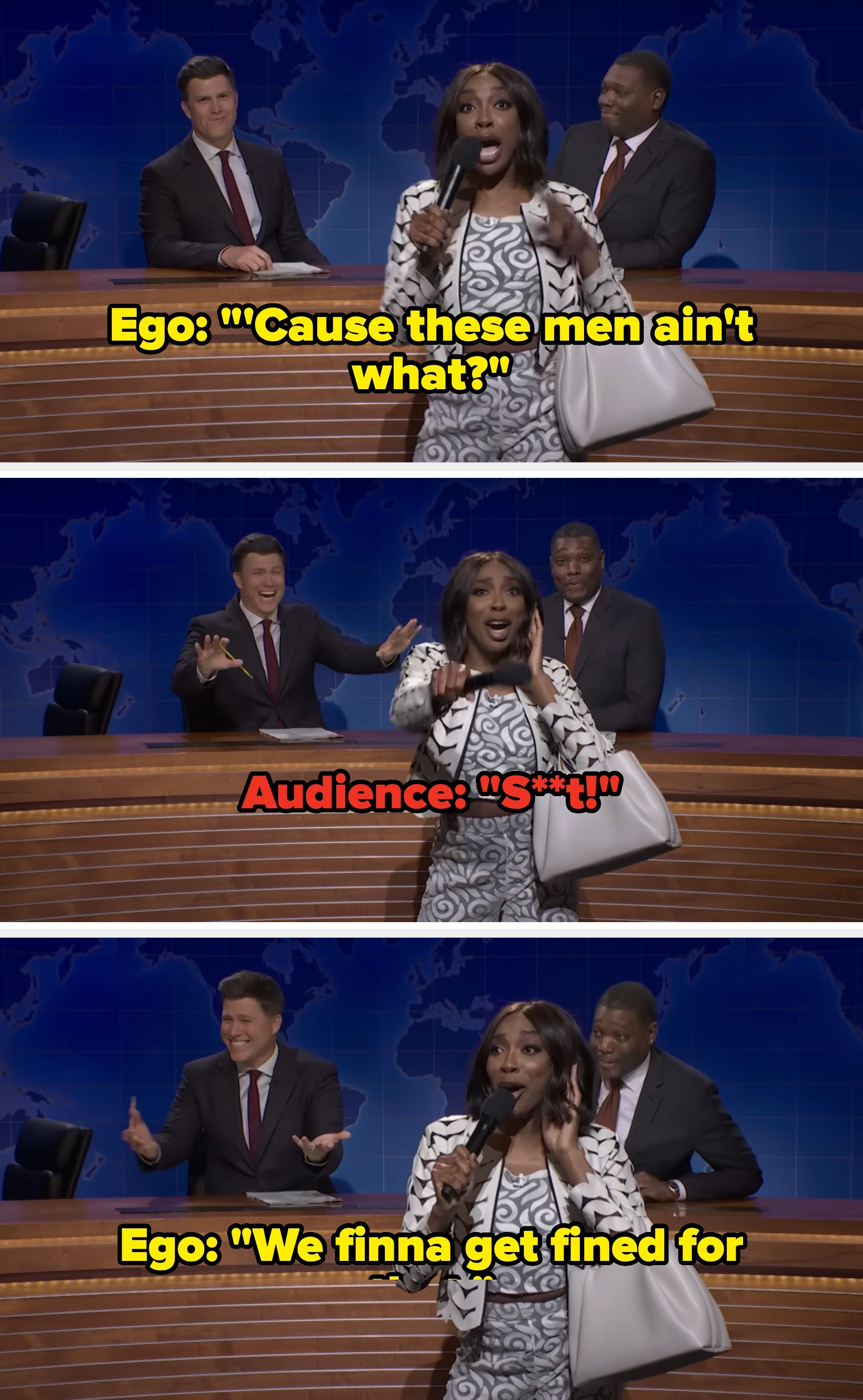 Comedian on stage with two others; banter about avoiding fines after audience completes a joke punchline on a set resembling a news show