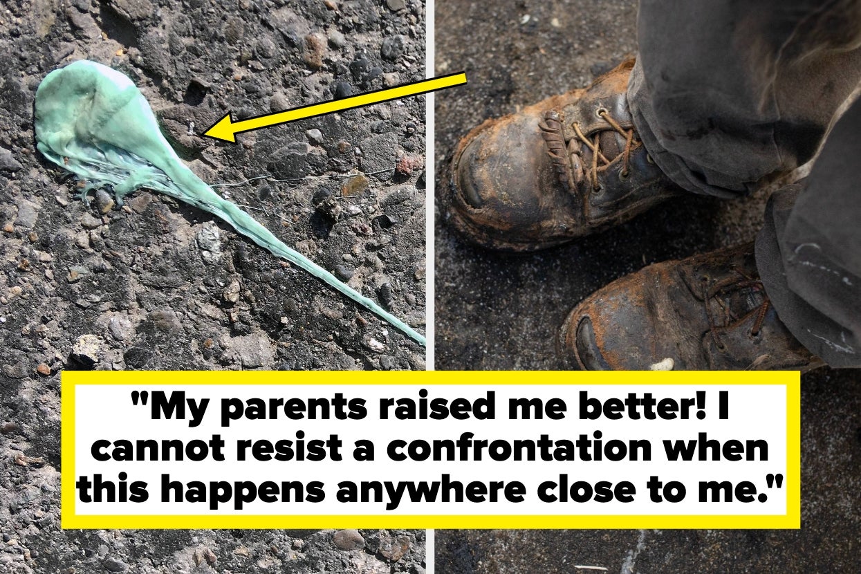 A piece of gum stuck to the pavement and a person stepping dangerously close, with the caption about confronting such situations