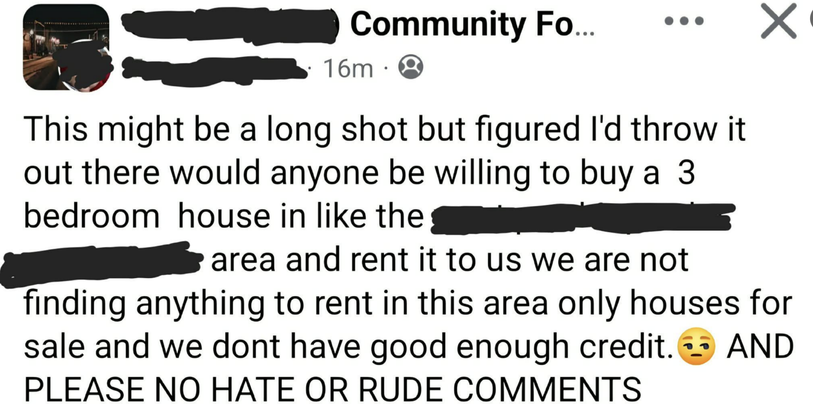 Facebook post seeking a 3-bedroom rental in a specific area, noting difficulty due to credit issues