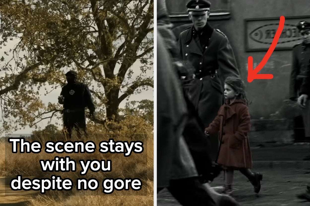 Two contrasting film scenes: one with a figure in a field and another highlighting a girl in a red coat, emphasizing impactful storytelling