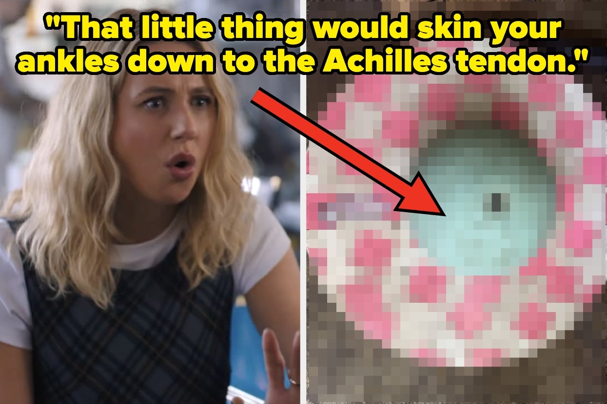 Person reacting with surprise at a pixelated spinning tool, caption reads: "That little thing would skin your ankles down to the Achilles tendon."