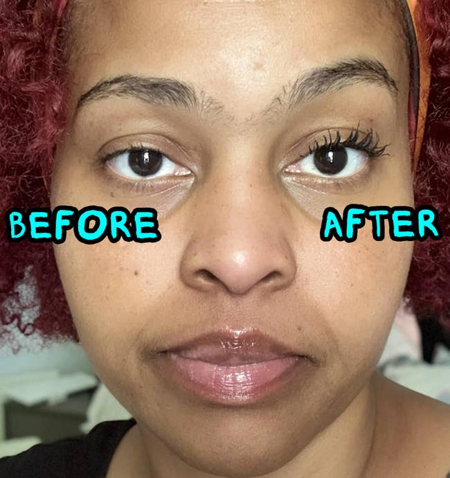 Close-up of a idiosyncratic showing a examination of earthy lashes connected 1 oculus and mascara-applied lashes connected the other, highlighting constitution effects