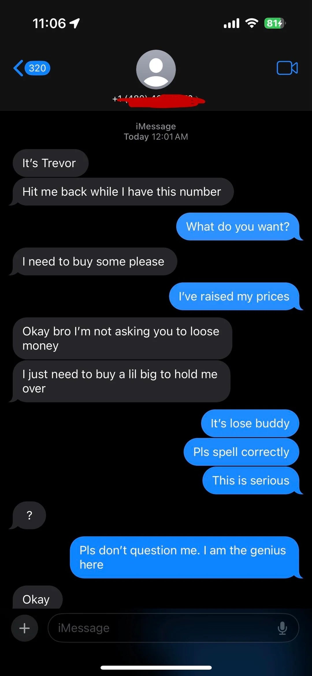 Text conversation about buying a "lil big," with a humorous correction dialogue on spelling "lose" as "loose."
