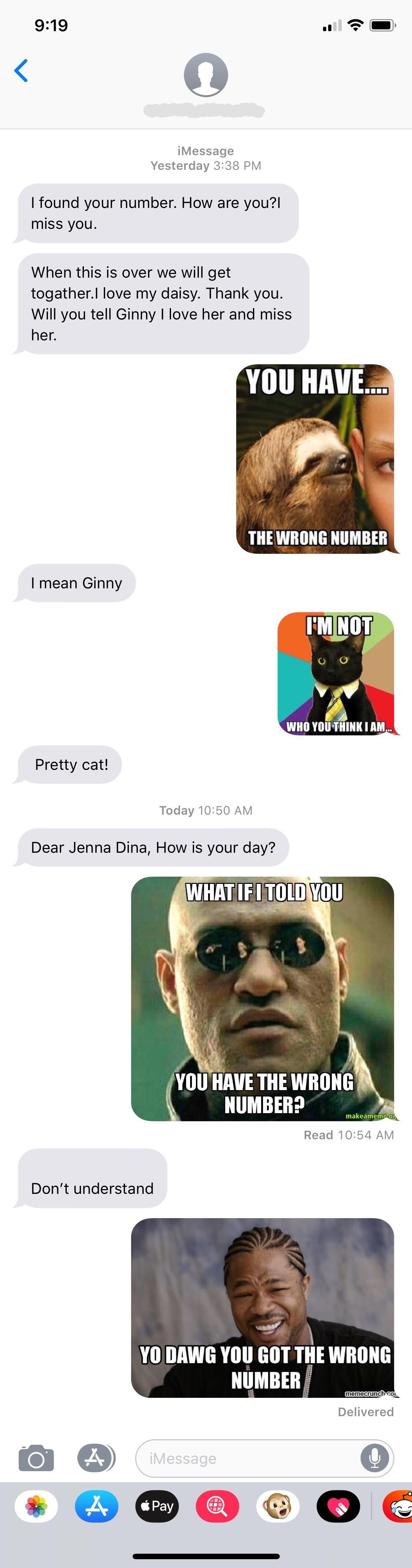 Text conversation with memes. Person mistakenly sends affectionate messages to the wrong number and receives humorous meme responses