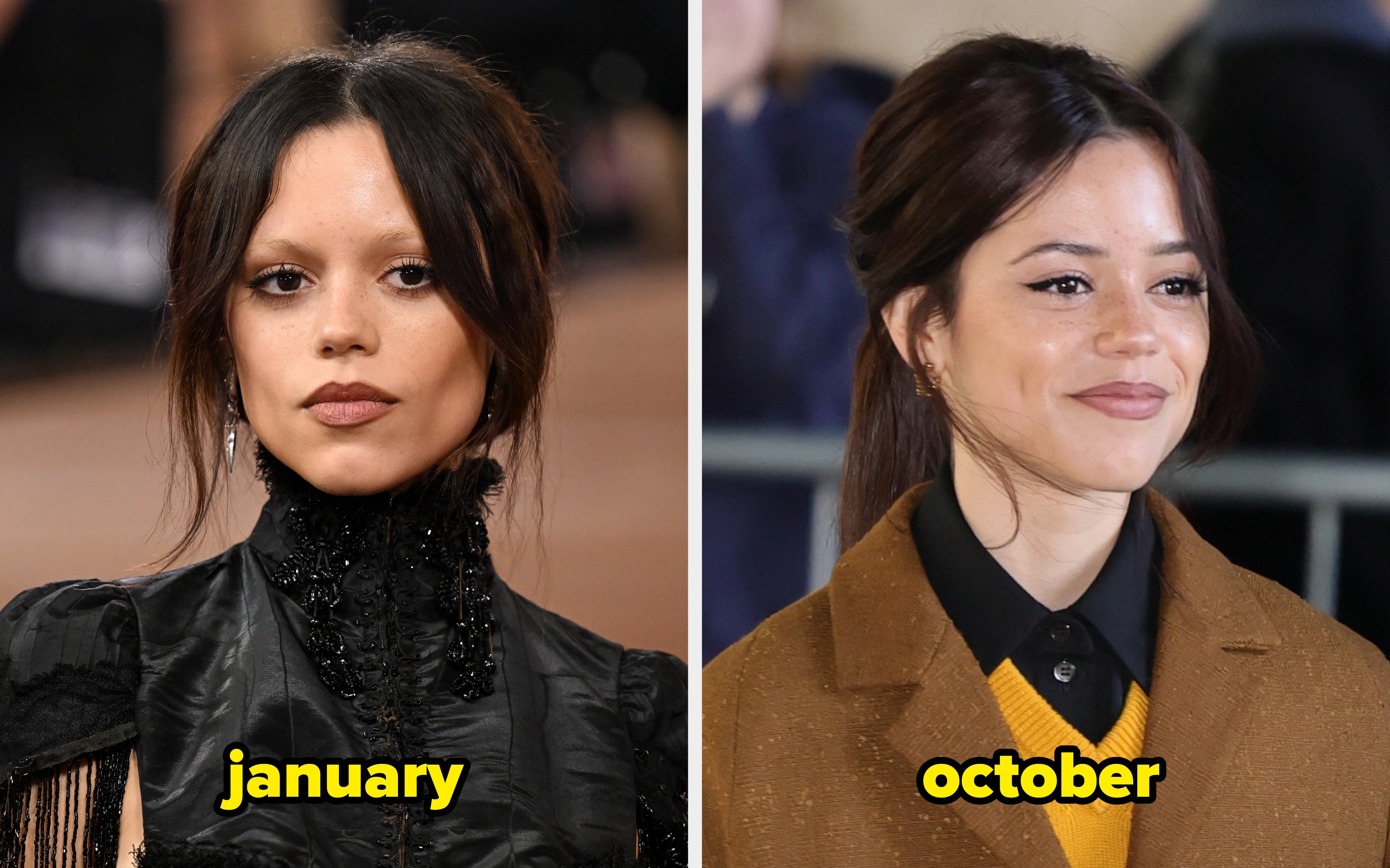 Jenna Ortega’s bleached-brow era compared with her October 2026 look Comparison image showing Jenna Ortega with lighter eyebrows in an earlier appearance and darker eyebrows in October 2026