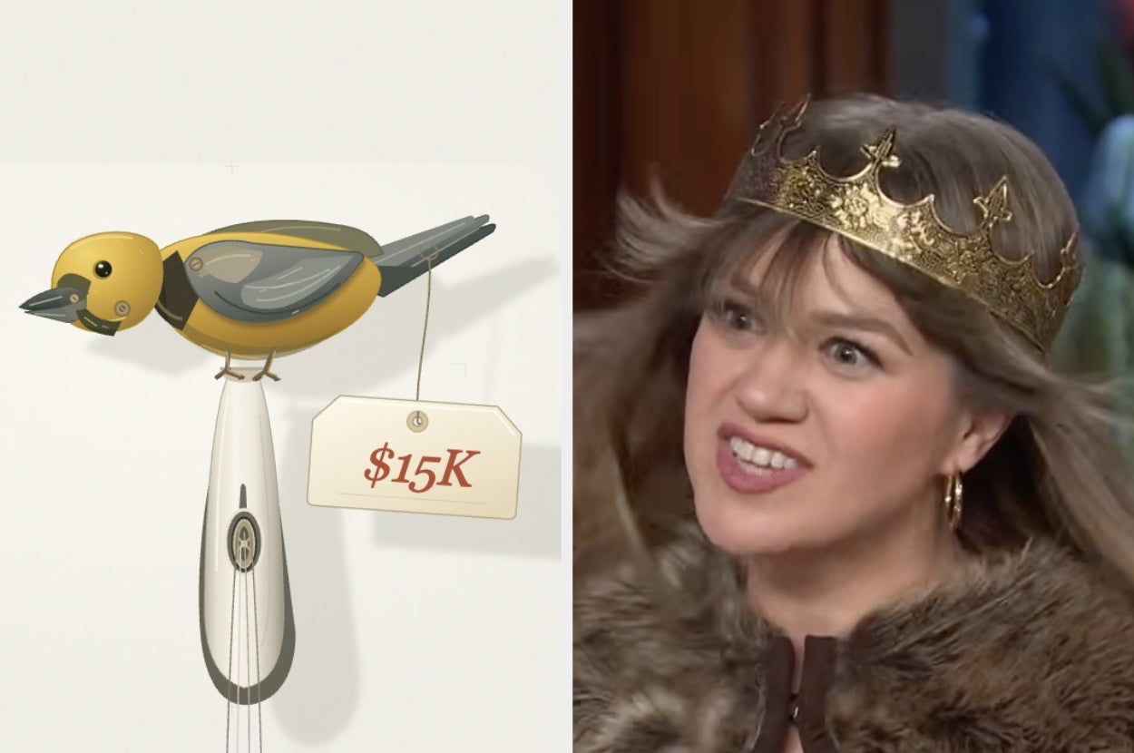 A digital art shows a bird with a $15K tag next to a reaction shot of a woman wearing a gold crown and faux fur, appearing expressive