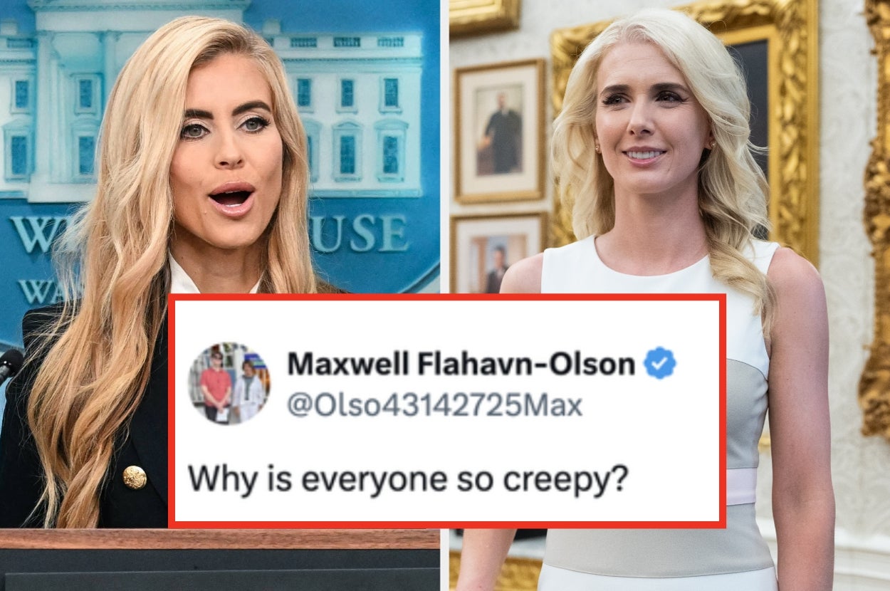 Two women standing at podiums side by side; a tweet overlay reads, "Why is everyone so creepy?"
