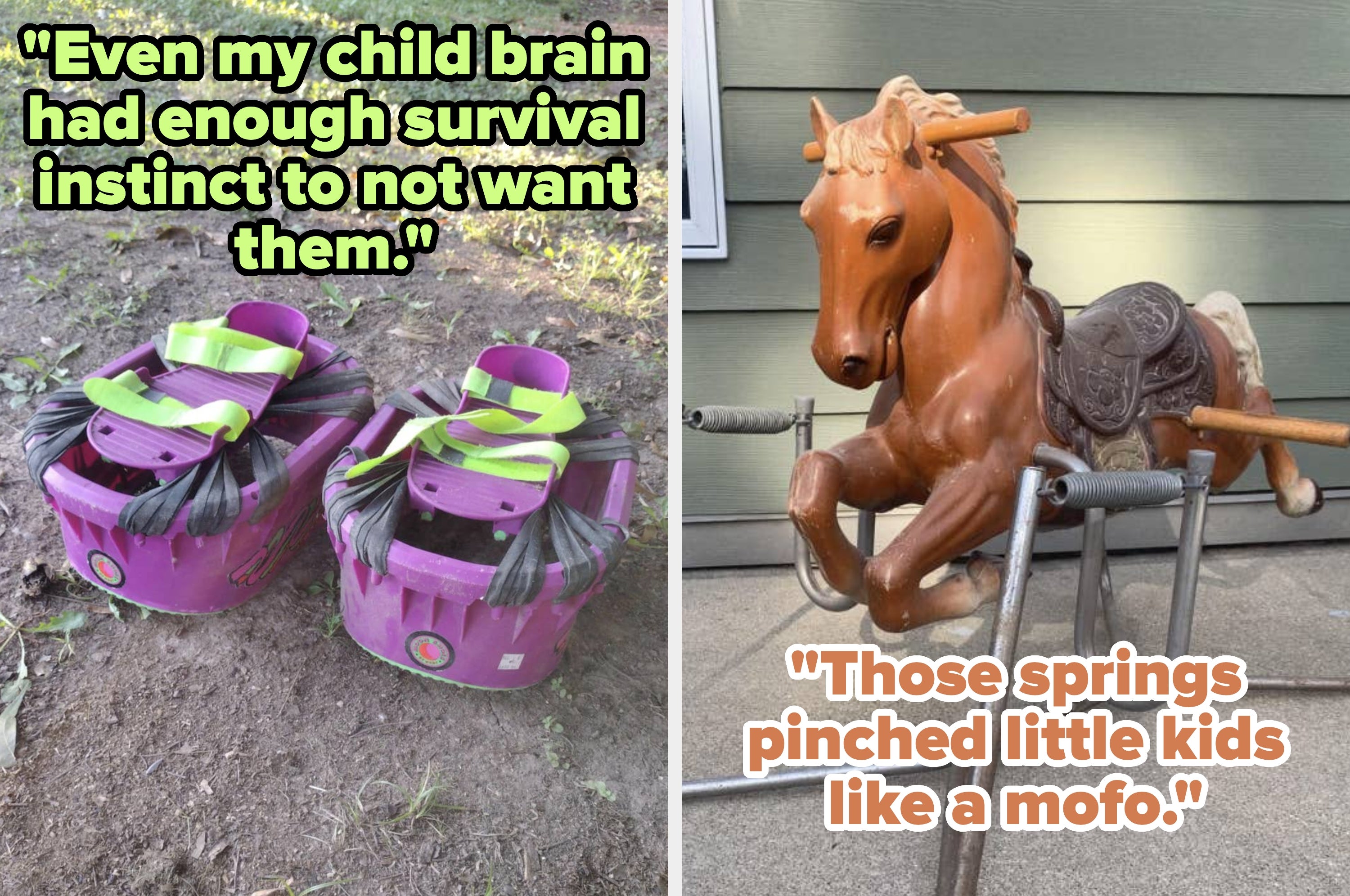Two vintage toys: a rocking horse with a metal frame and moon shoes with colorful straps, set outdoors with flowers in the background