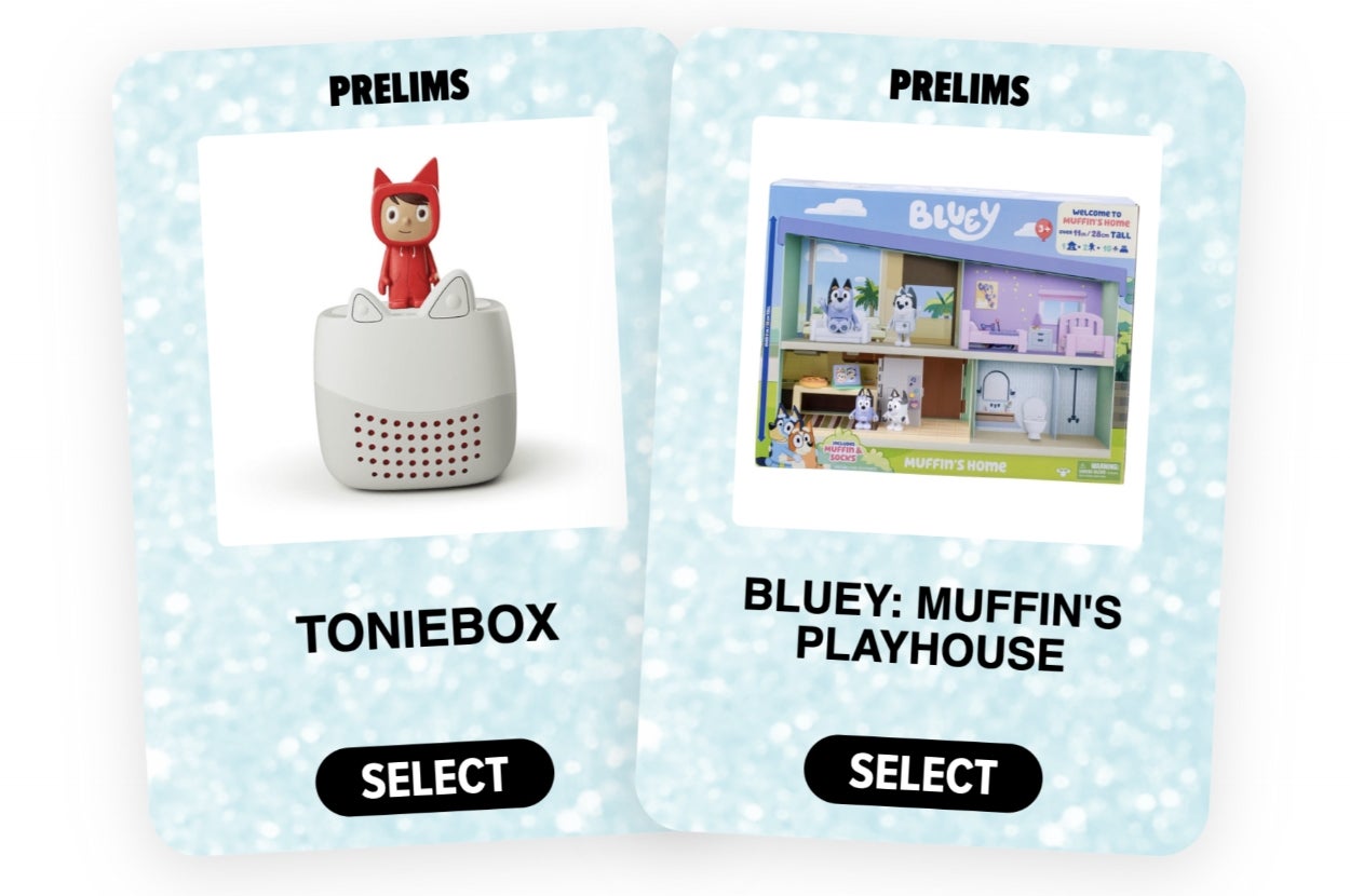 Two product cards: "Toniebox," a speaker with a figure, and "Bluey: Muffin's Playhouse," a playhouse set. Both have "Select" buttons