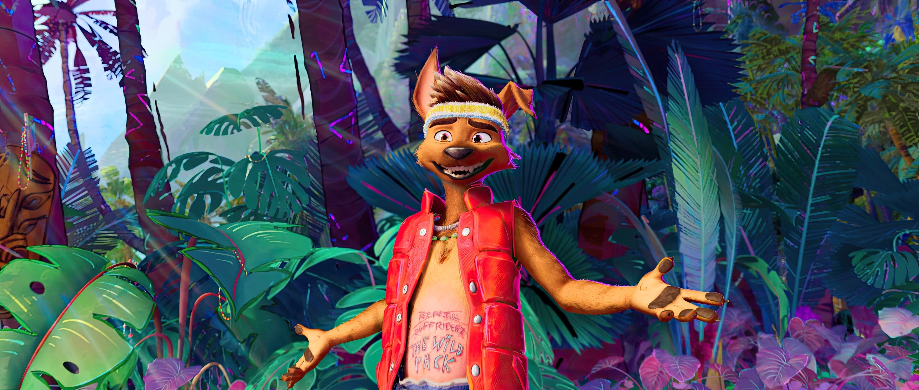 Dave Franco humanoid with animal features, stands in a lush jungle setting. Wears a headband, open vest, and is gesturing with open arms