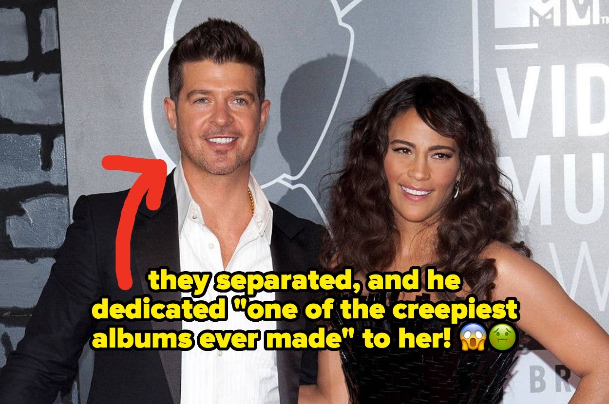 Robin Thicke and Paula Patton. text: "they separated, and he dedicated 'one of the creepiest albums ever made' to her"