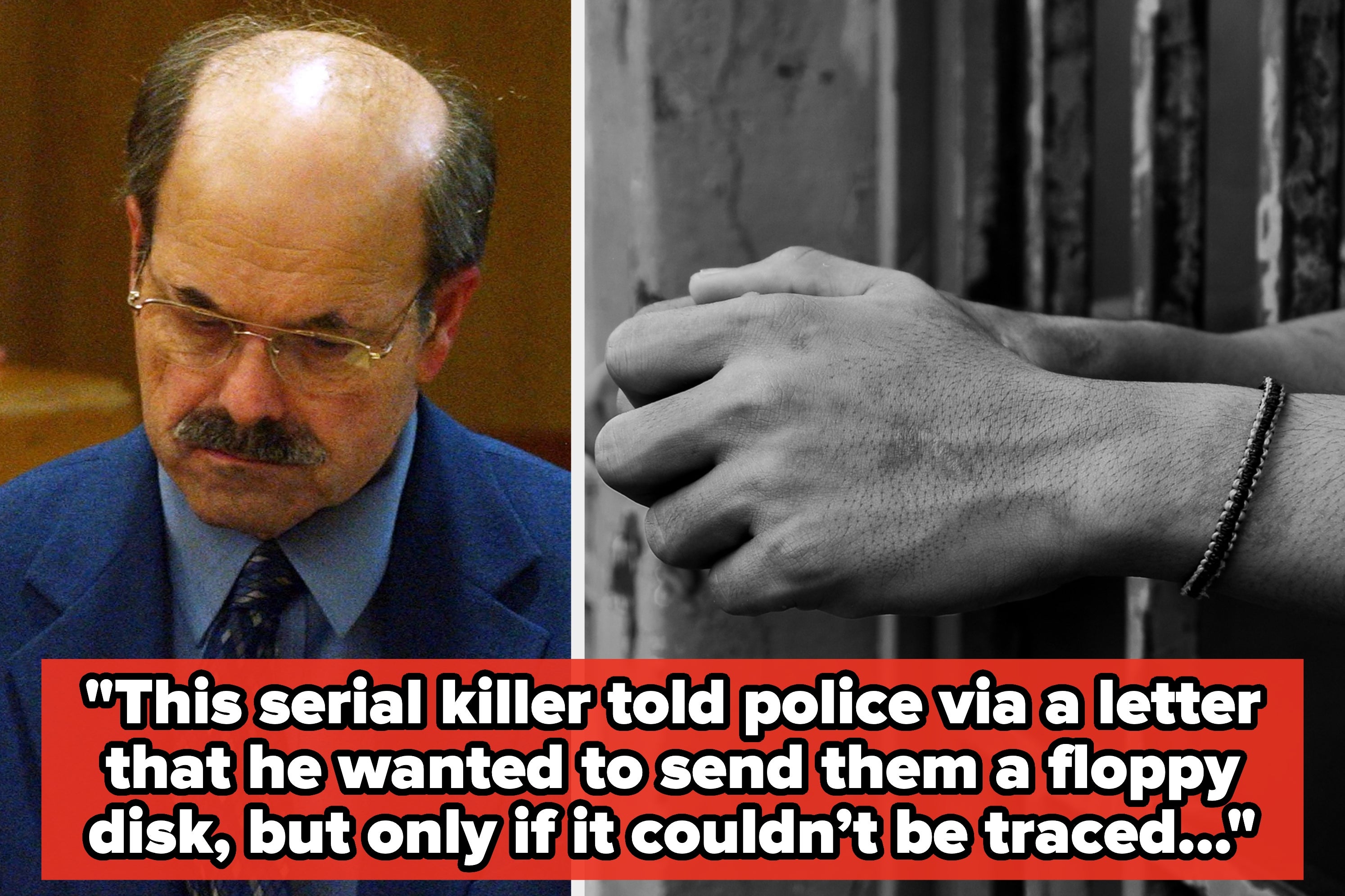 BTK Strangler in court with floppy disk evidence and text about police tracing BTK's name through metadata