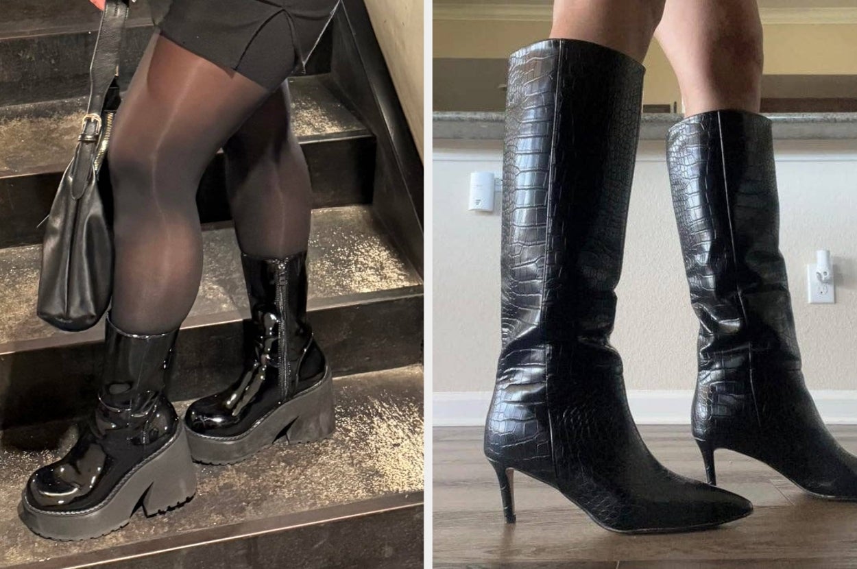 Two images side-by-side showing different styles of black boots: platform lace-up boots on the left and knee-high heeled boots on the right