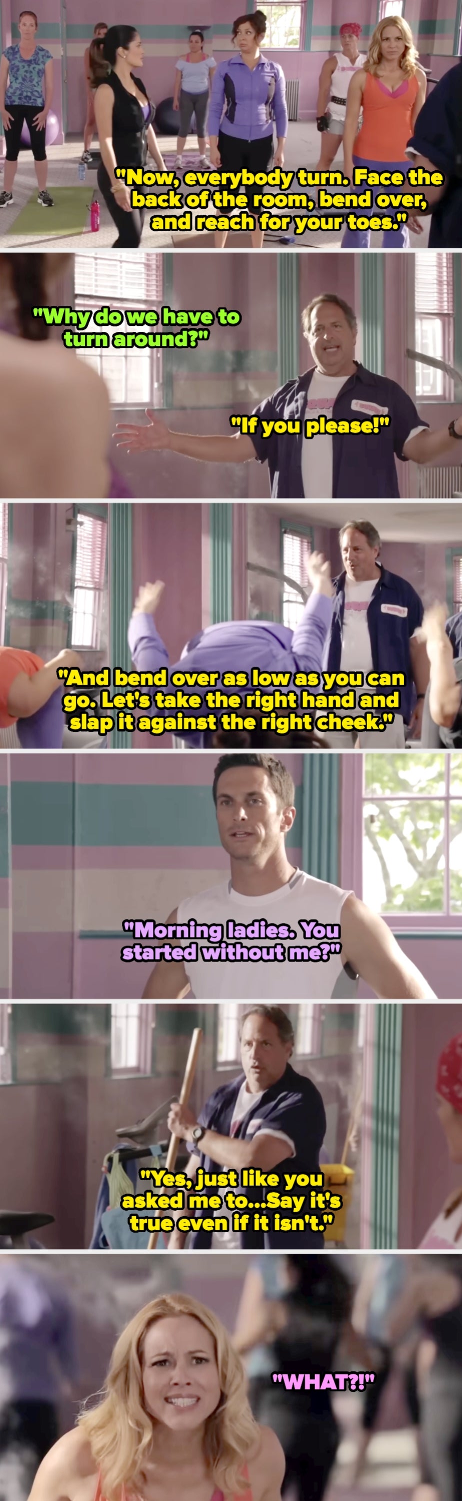 Four people in a gym; one giving humorous workout instructions, others reacting with surprise. Dialogues are playful and lighthearted