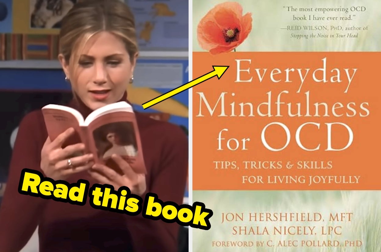 Person reading a book titled "Everyday Mindfulness for OCD: Tips, Tricks & Skills for Living Joyfully" by Jon Hershfield and Shala Nicely