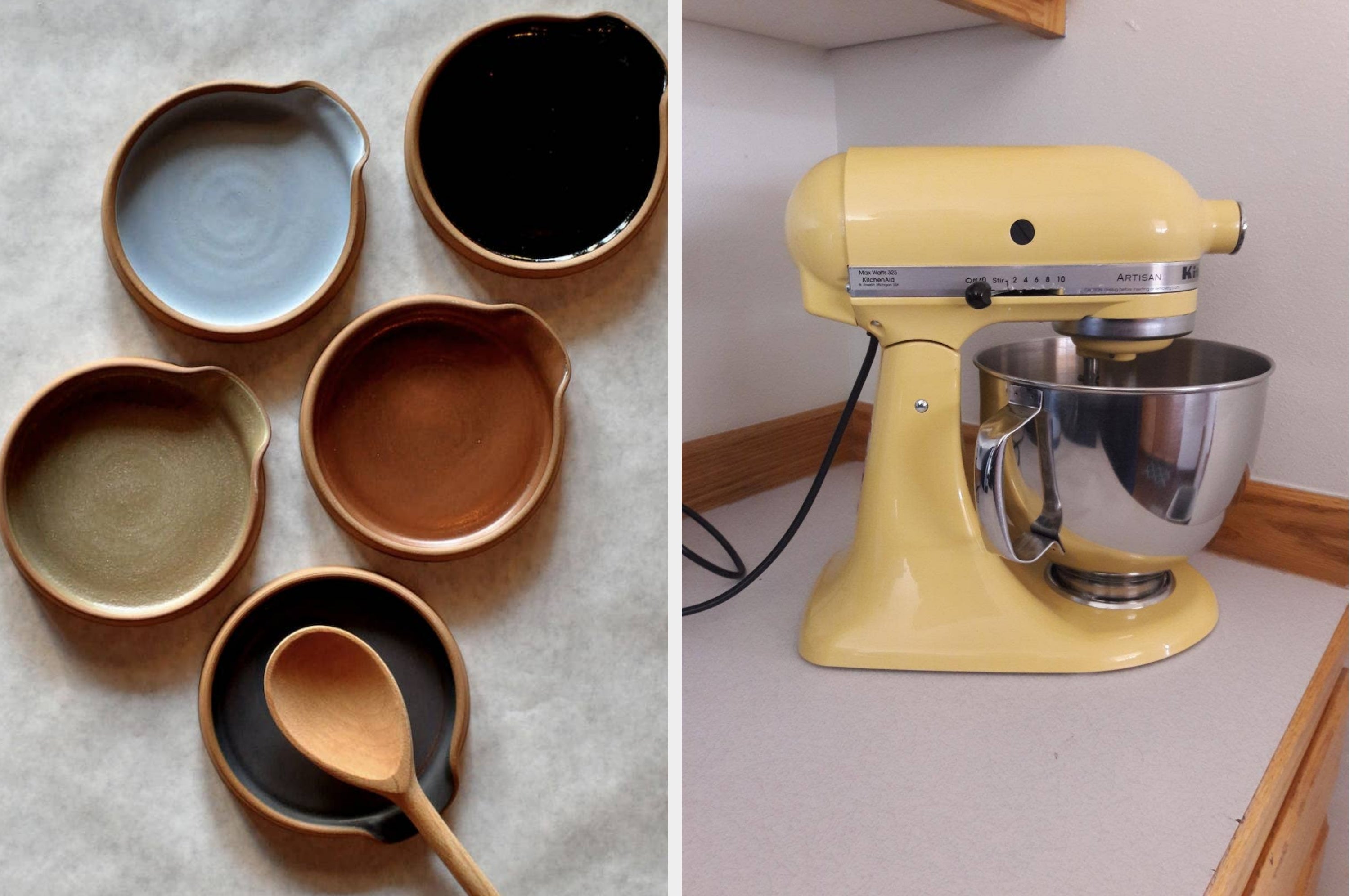 Five ceramic sauce dishes and a wooden spoon on the left; hand using a rice cooker on the right