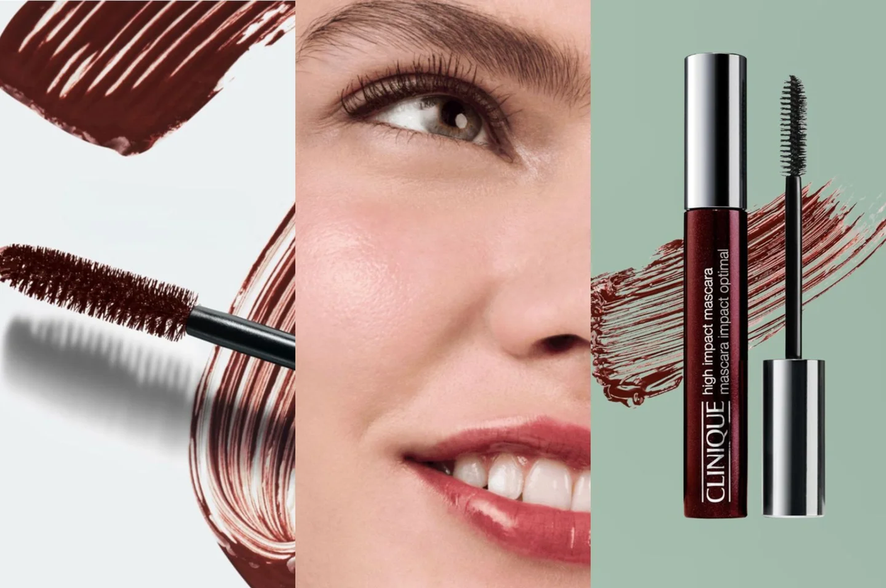 Close-up of mascara wand with product, woman smiling, and Clinique High Impact mascara tube with matching brush on a stylish background