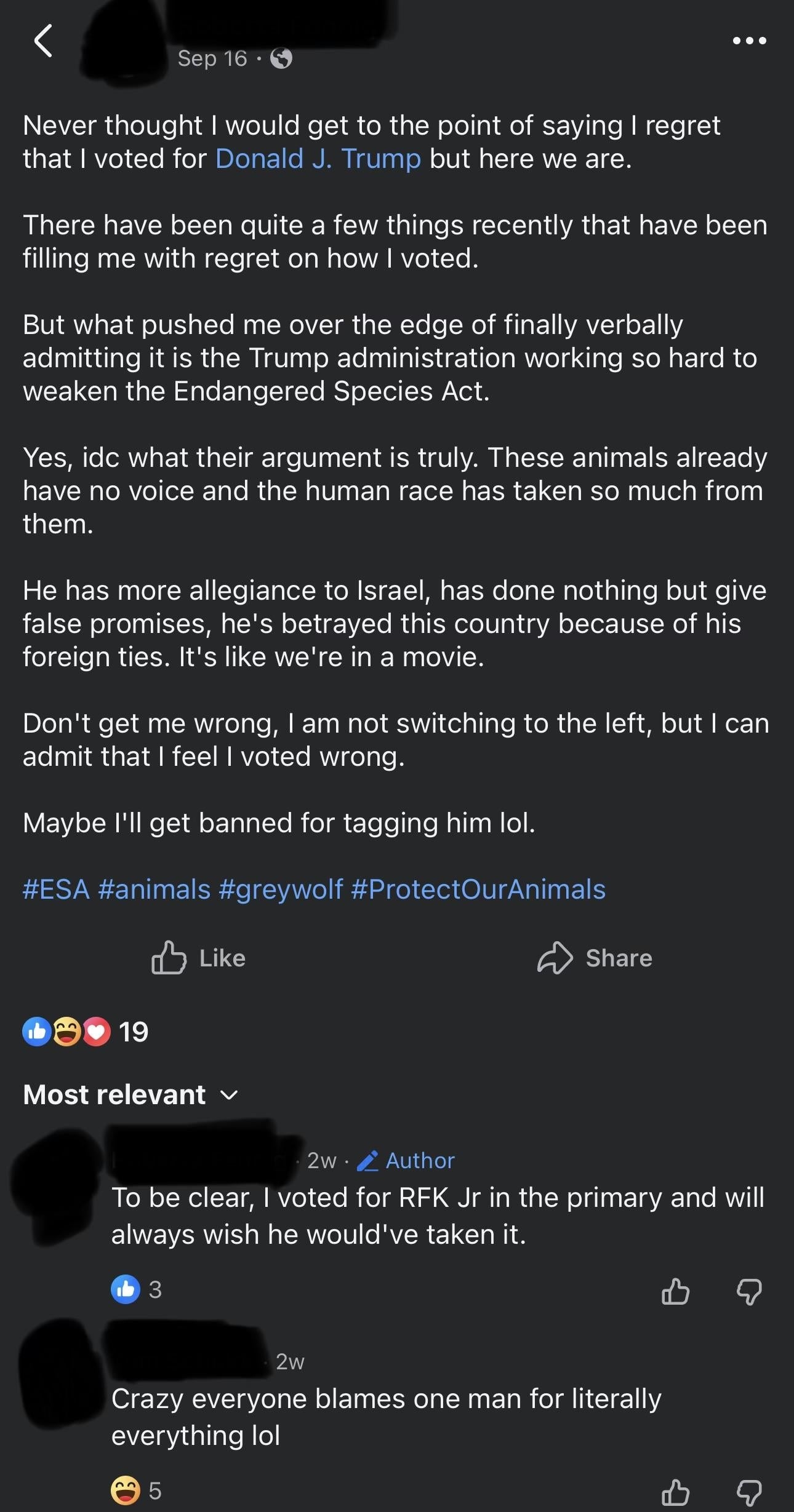 Social media station astir regretting voting for Trump owed to decisions impacting carnal protection, followed by comments connected voting preferences