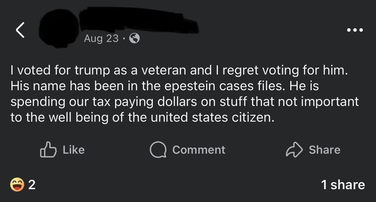 Facebook post: User regrets voting for Trump as a veteran, criticizing spending on non-essential items for U.S. citizens