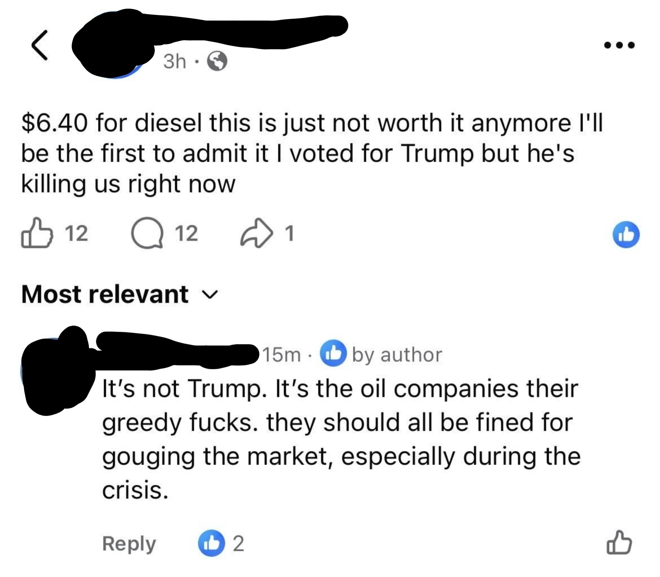 Social media station astir precocious diesel prices. User blames Trump, portion different says lipid companies are astatine responsibility for marketplace gouging during the crisis