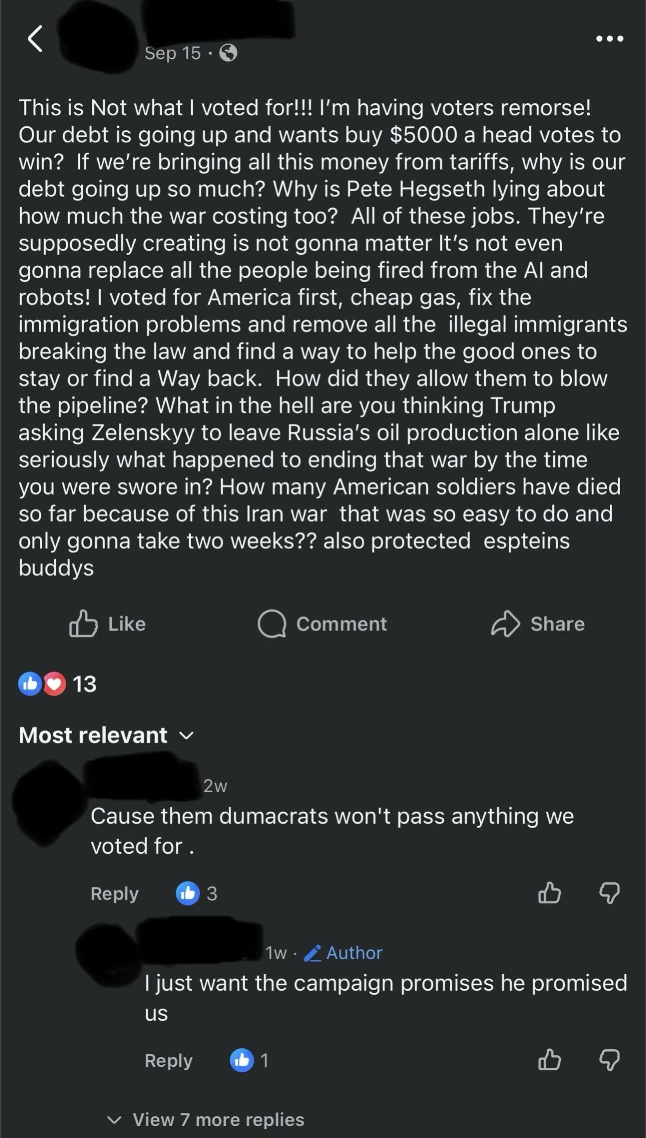 Facebook station expressing disappointment astir governmental decisions, mentioning tariffs, inflation, precocious surviving costs, and planetary aid