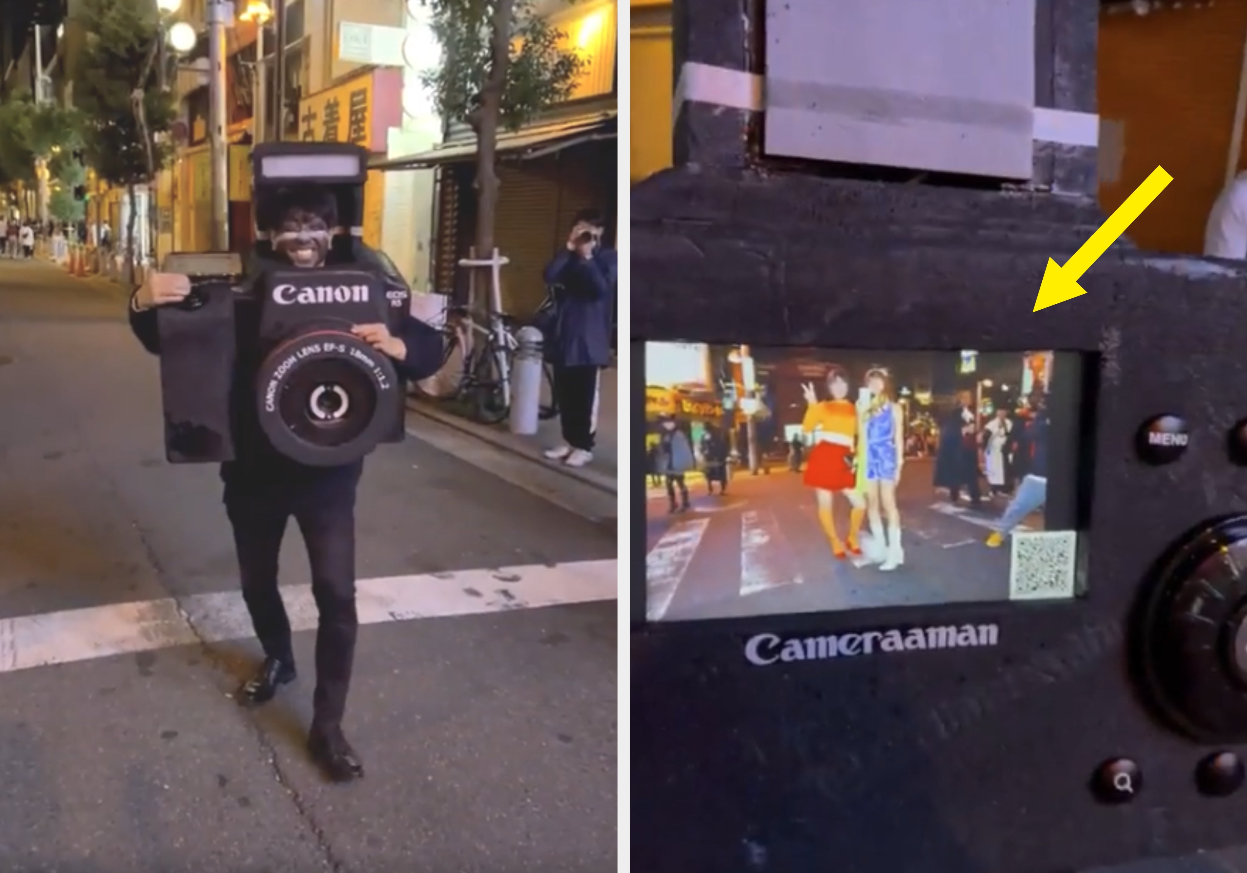 Person wearing a creative, oversized camera costume with a ample lens prop, walking down a thoroughfare astatine night