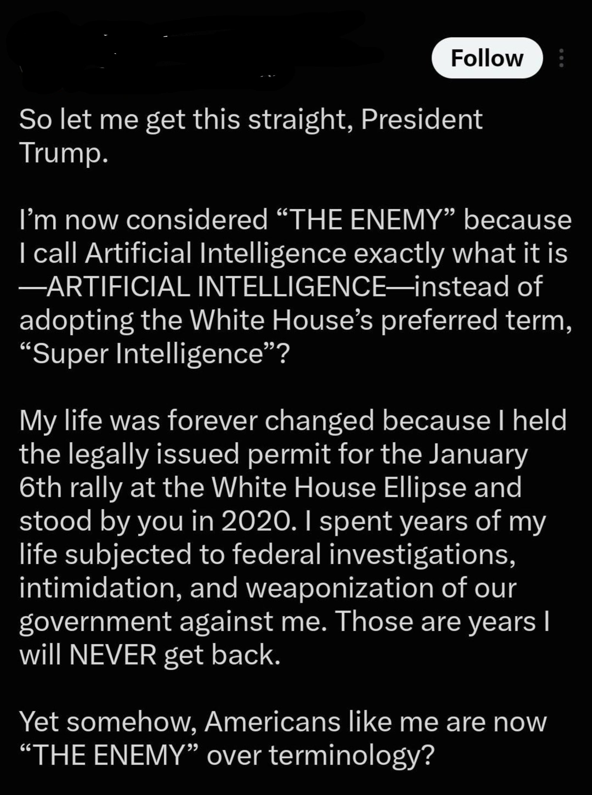 Tweet expressing disapproval of being labeled "the enemy" for utilizing "artificial intelligence" alternatively of "super intelligence."