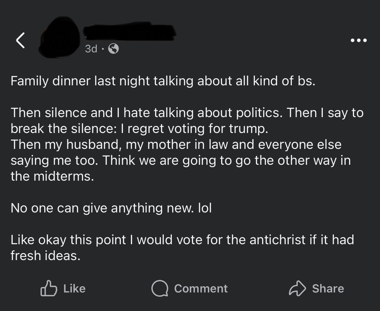 A societal media station astir a household discussing politics, regret implicit voting for Trump, and a humorous remark connected voting preferences