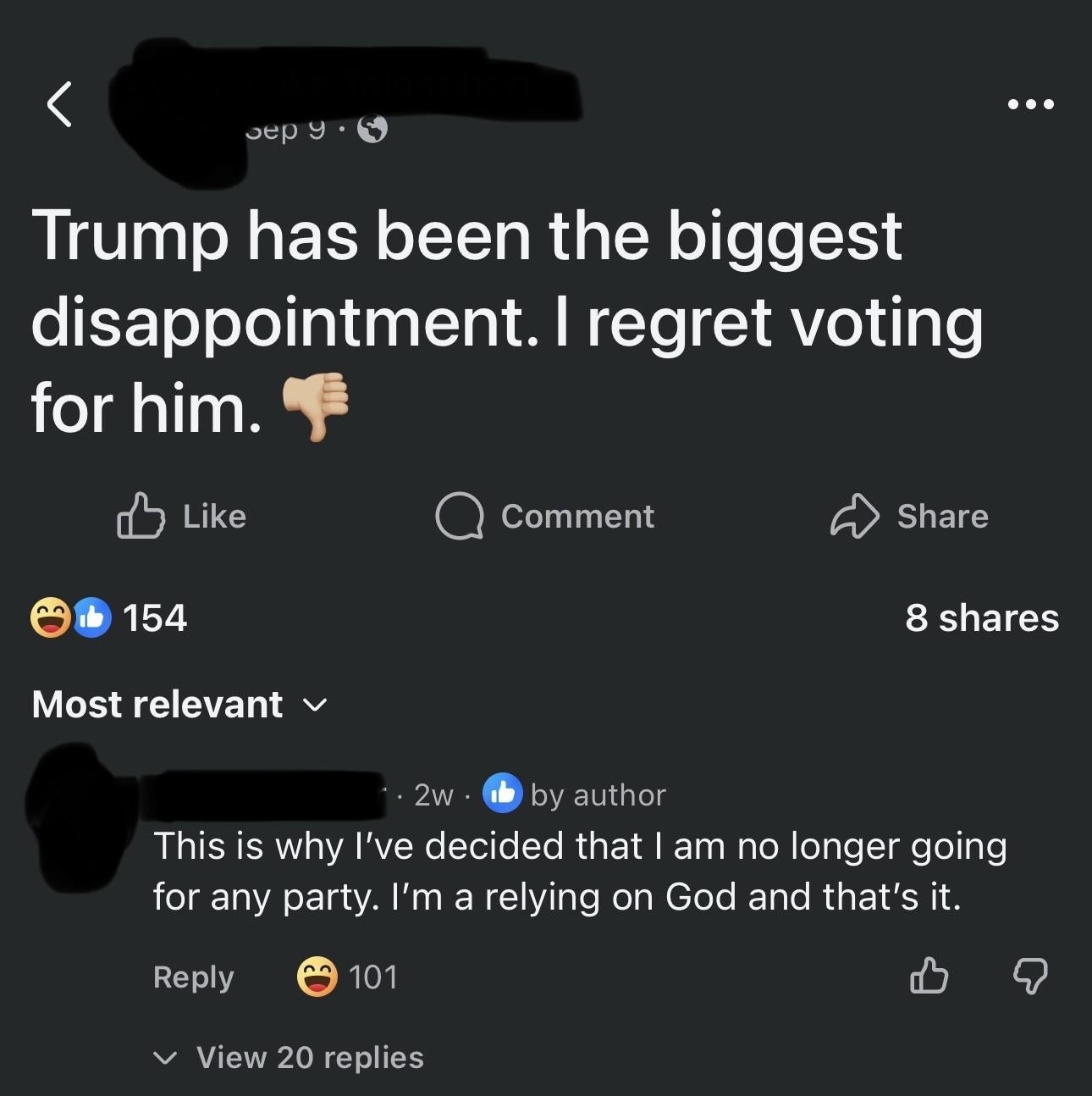 A Facebook station expressing disappointment successful Trump with a thumbs-down emoji and a remark astir not supporting immoderate party, relying connected God instead