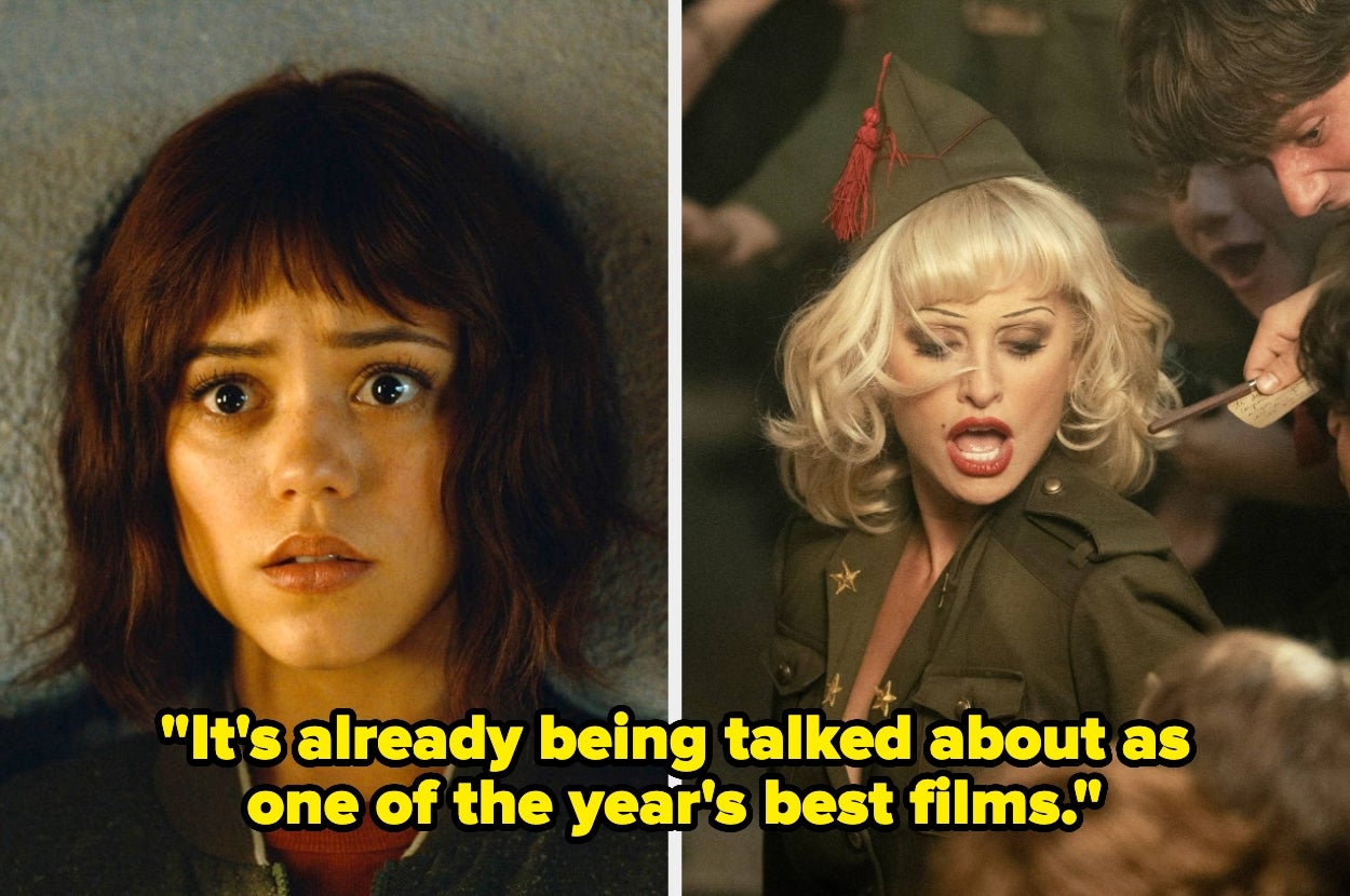 Two side-by-side movie scenes: left shows a worried woman with short hair, right shows a woman in a 1940s military costume singing