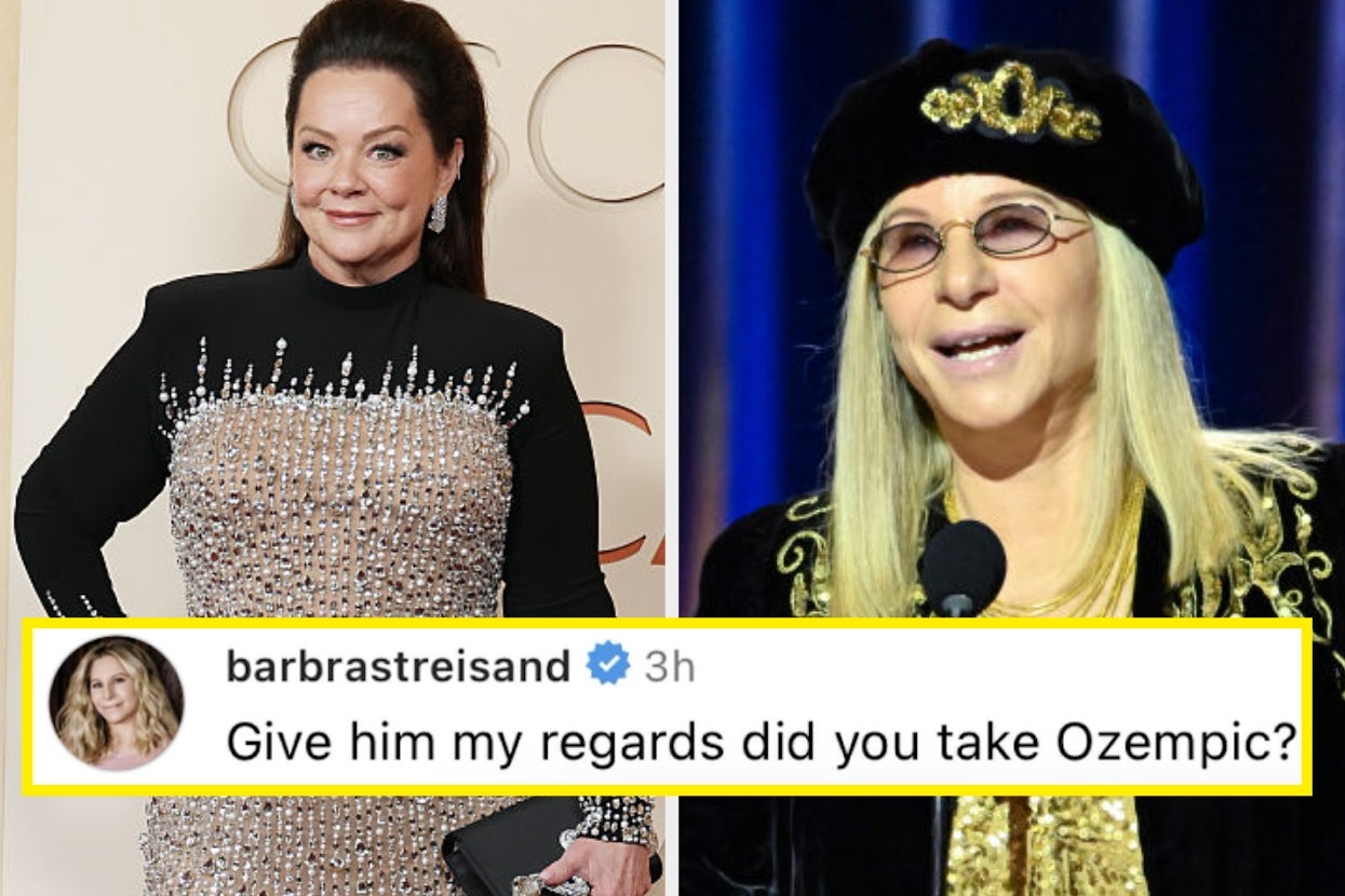 Two celebrities at an event. One wears a sparkling gown, and the other wears a black hat and glasses. Text overlay: "Give him my regards, did you take Ozempic?"
