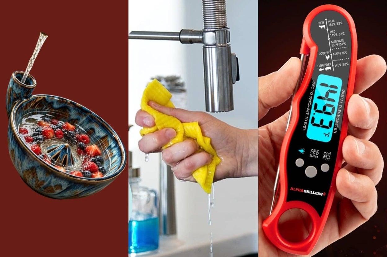 Innovative kitchen items: a berry strainer, a hand holding a cleaning sponge under a tap, and a digital cooking thermometer showing a temperature reading