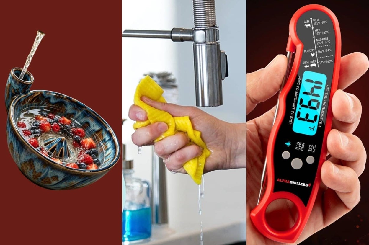 Innovative kitchen items: a berry strainer, a hand holding a cleaning sponge under a tap, and a digital cooking thermometer showing a temperature reading