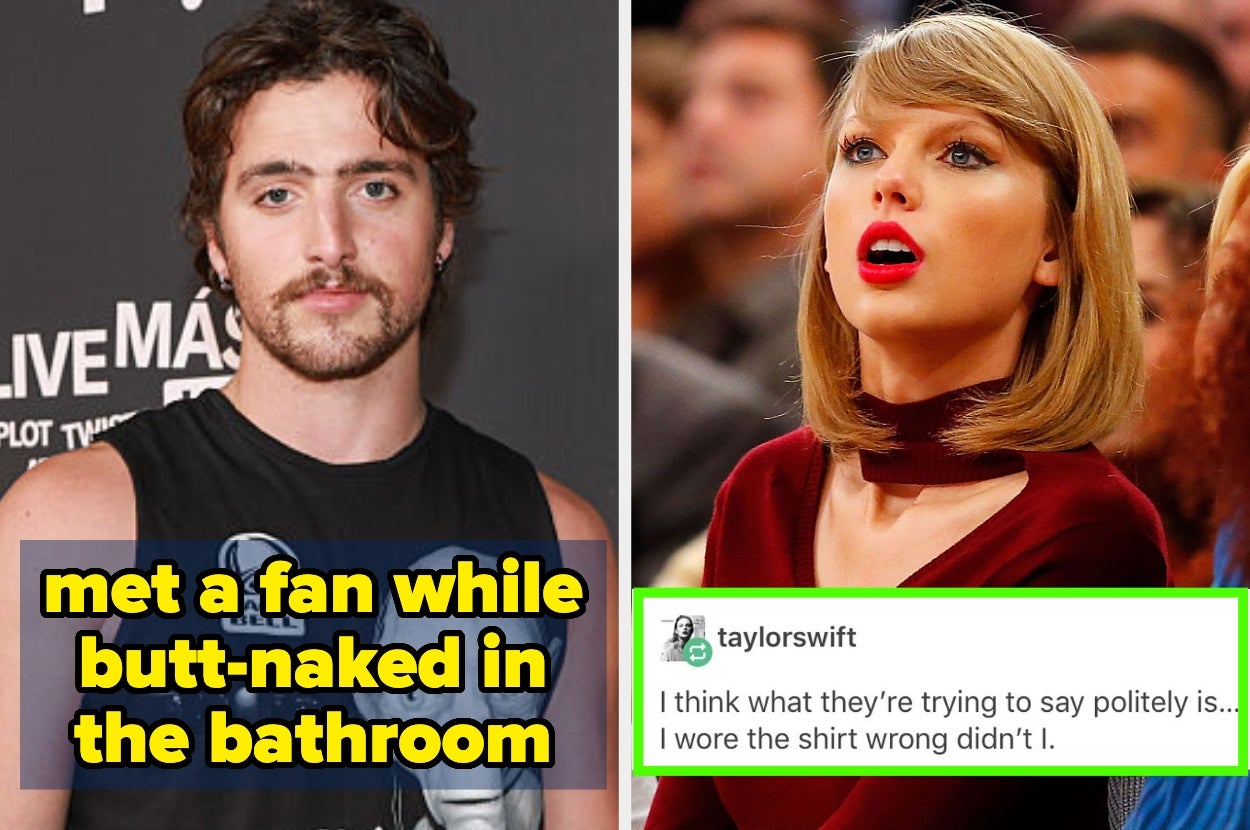 Two celebrities side by side; left looks casual and right is stylish with red lipstick. Displayed text mentions meeting a fan in a bathroom