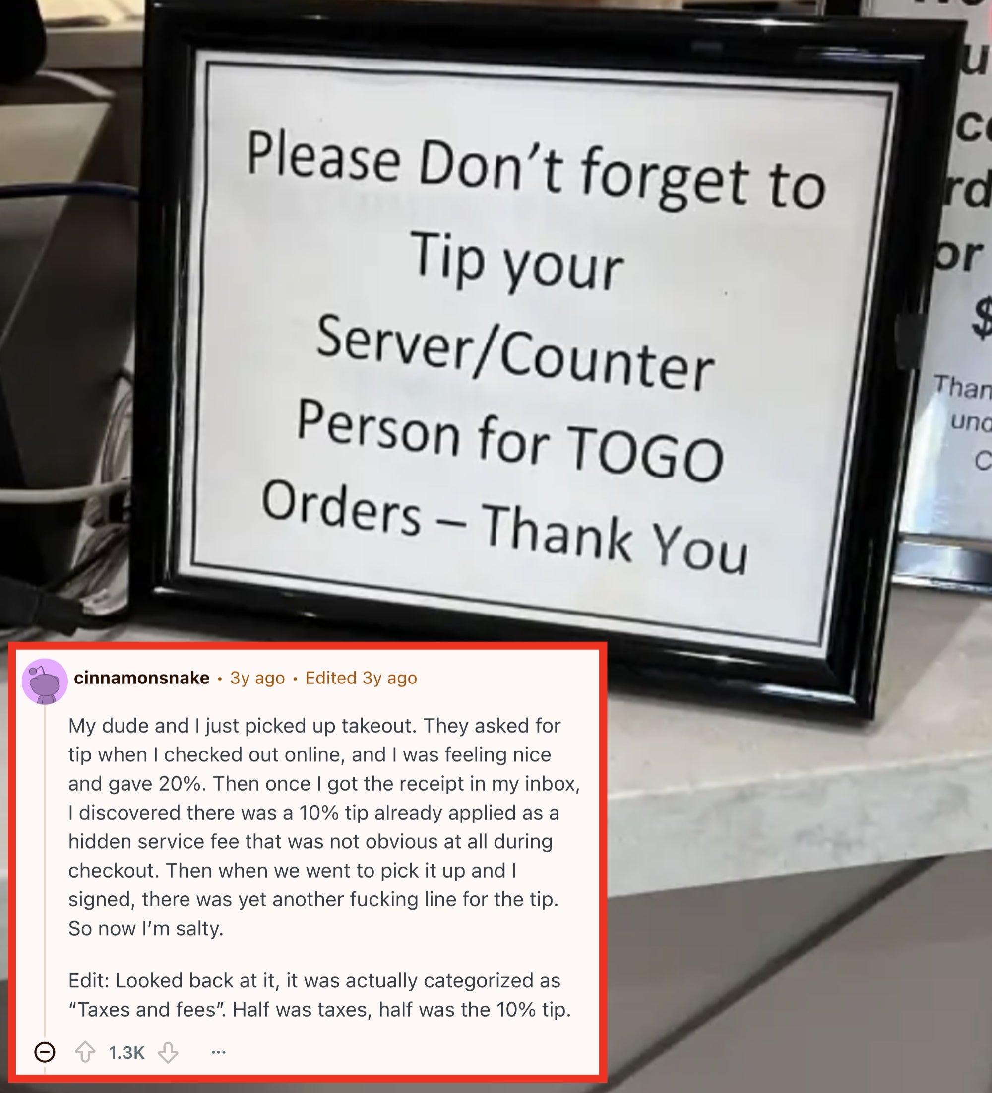 Sign at a counter reads, "Please don’t forget to tip your server/counter person for TOGO orders – Thank you."