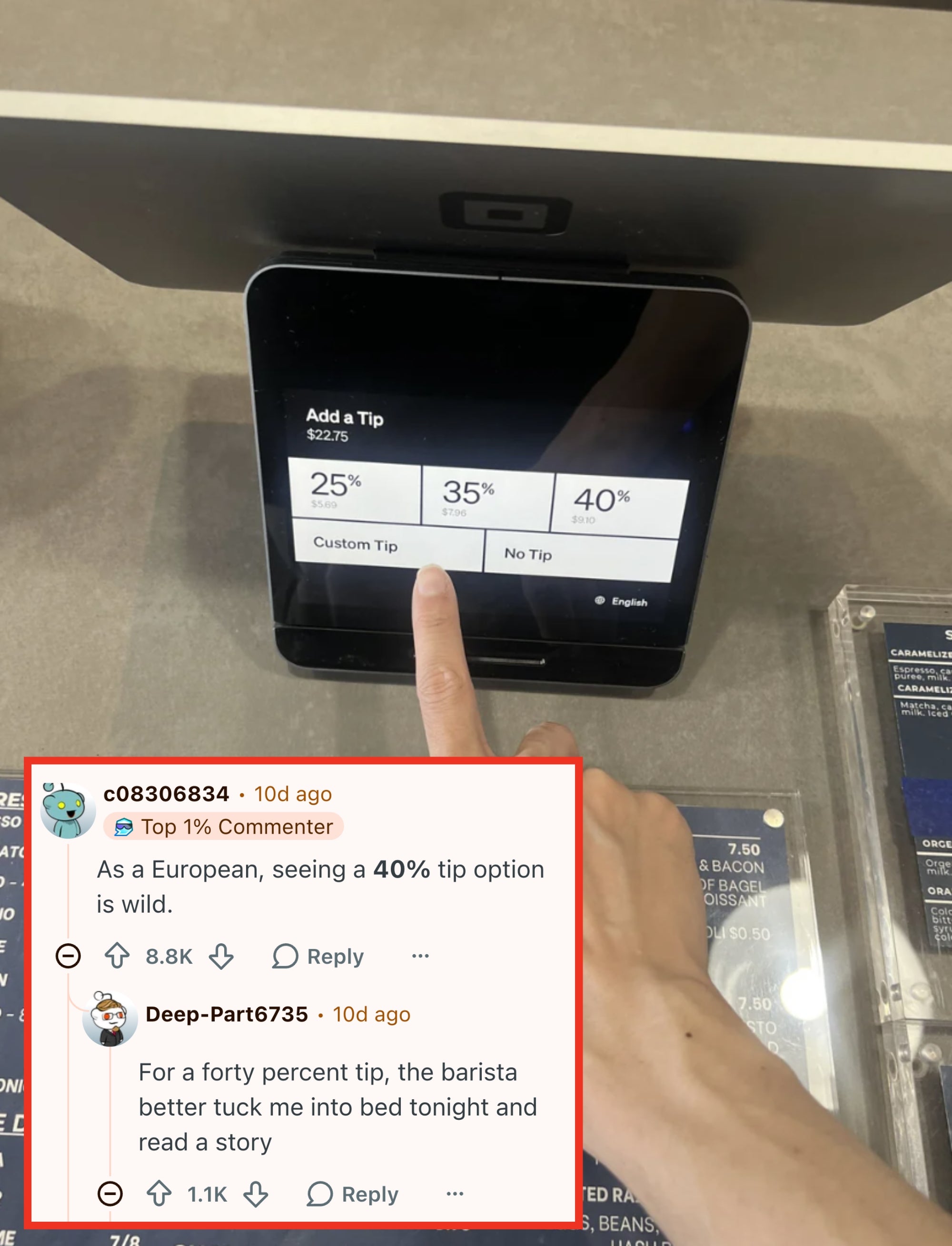 Person selecting a tip option on a payment screen, choices include 25%, 35%, and 40%, with menu items visible below